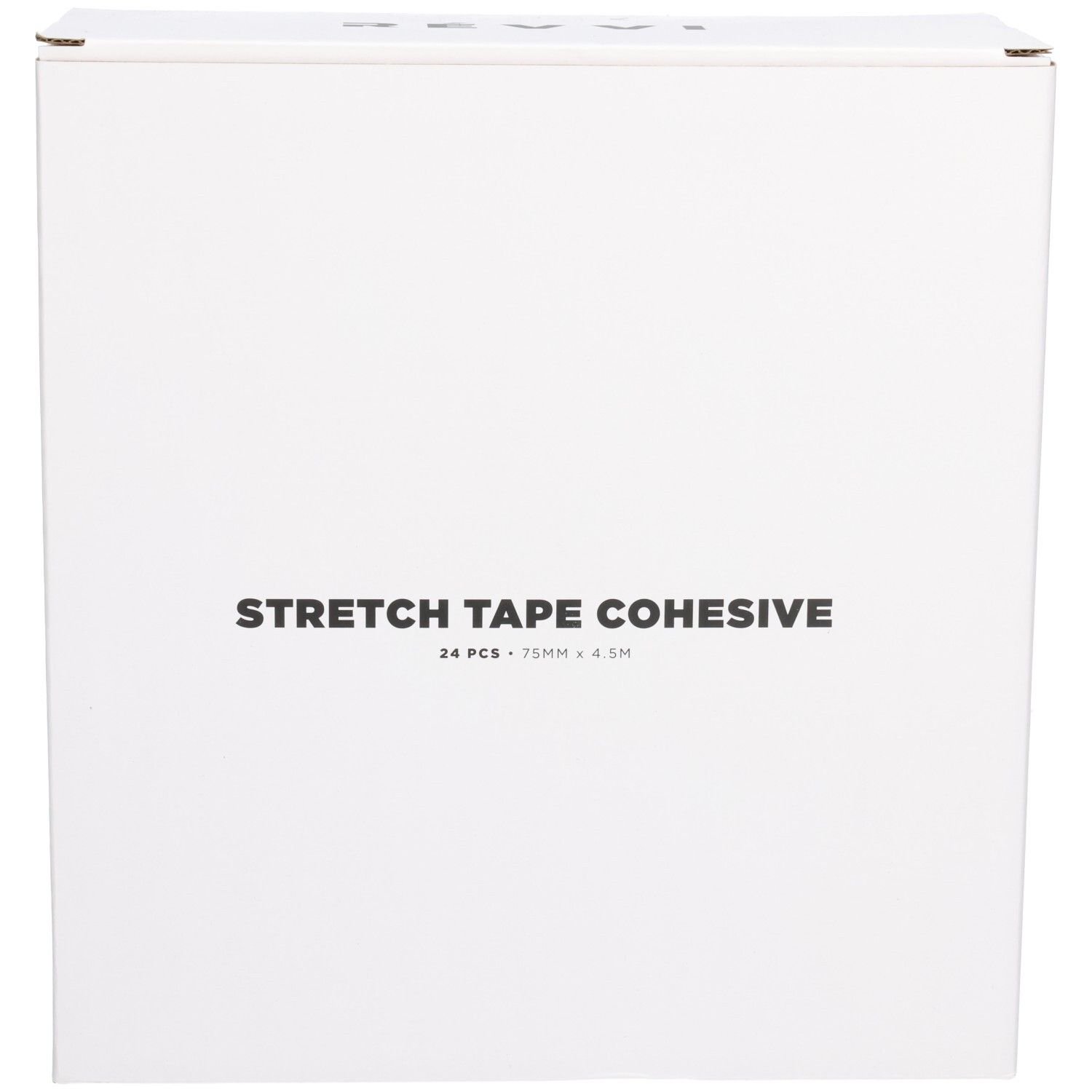 Weiße Box mit Aufschrift STRETCH TAPE COHESIVE. Enthält 24 Stück, 75 mm x 4,5 m. Produktverpackung.