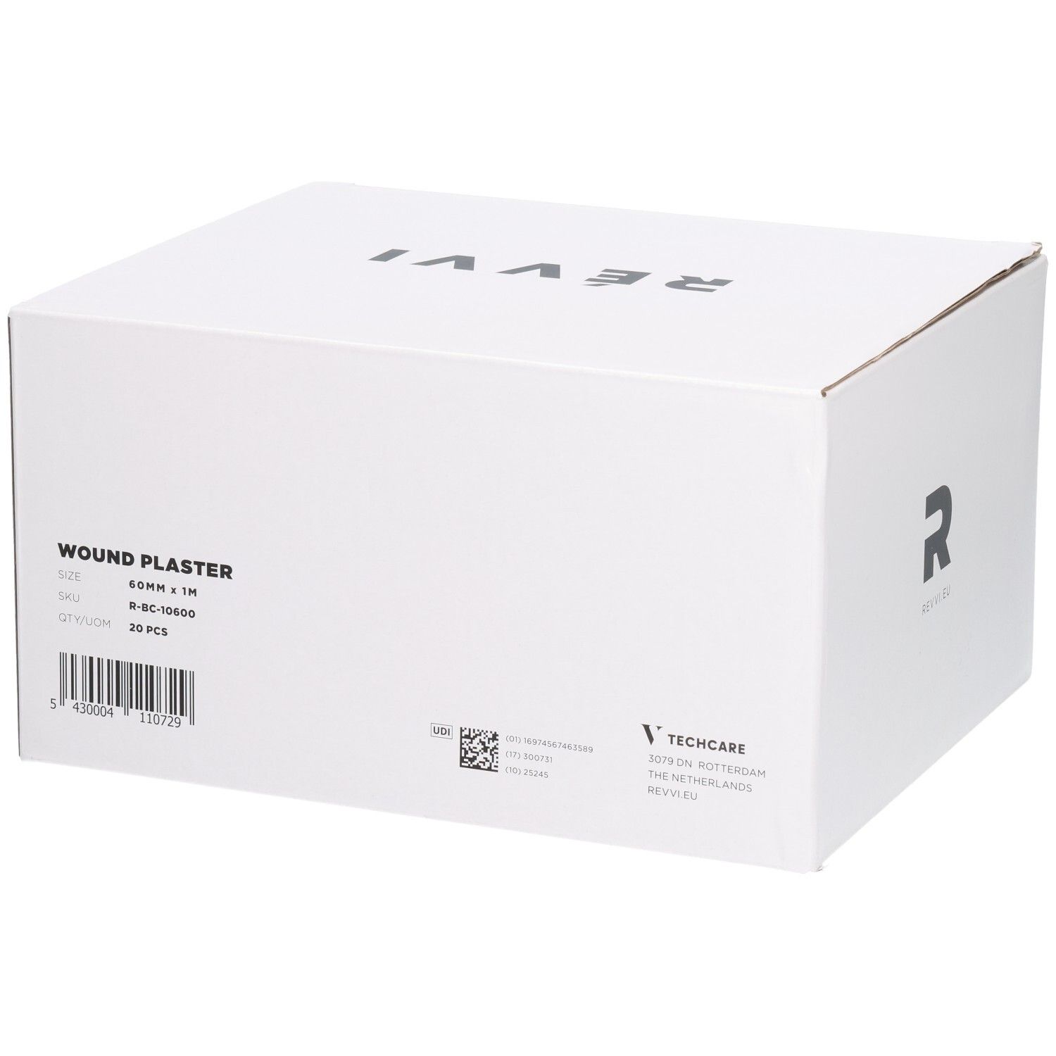 Weiße Schachtel mit Aufschrift WOUND PLASTER, 20 Stück, 60mm x 1M. Auf der Seite: Techcare, RÉVVI EU.