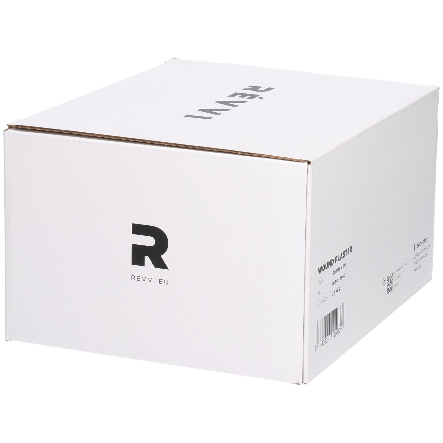 Weiße Schachtel mit Aufschrift WOUND PLASTER, 20 Stück, 60mm x 1M. Auf der Seite: RÉVVI EU.