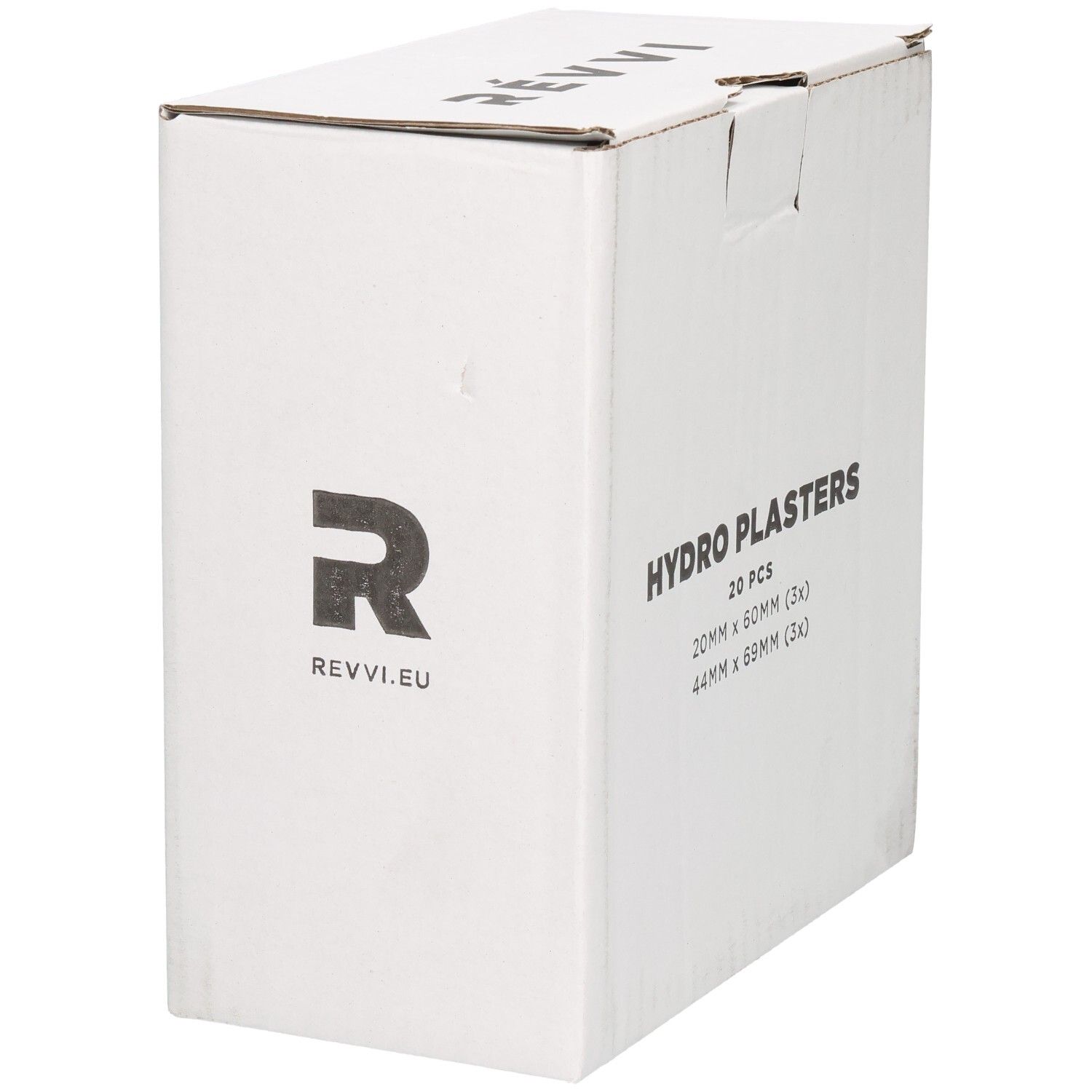 Boîte blanche avec logo et marque REVVI. Inscription HYDRO PLASTERS, 20 pièces. Tailles : 20mm x 60mm (3x), 44mm x 69mm (3x).