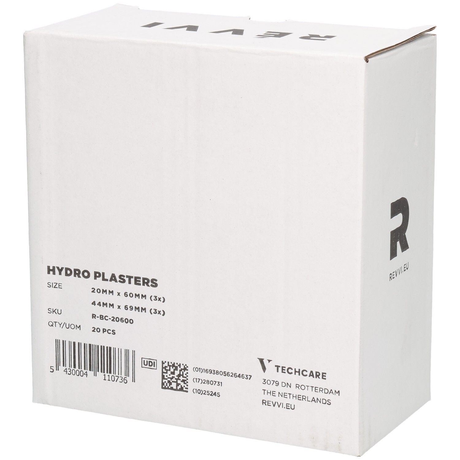 Boîte blanche avec l'inscription HYDRO PLASTERS, 20 pièces. Tailles : 20mm x 60mm (3x), 44mm x 69mm (3x). Logo et marque REVVI.