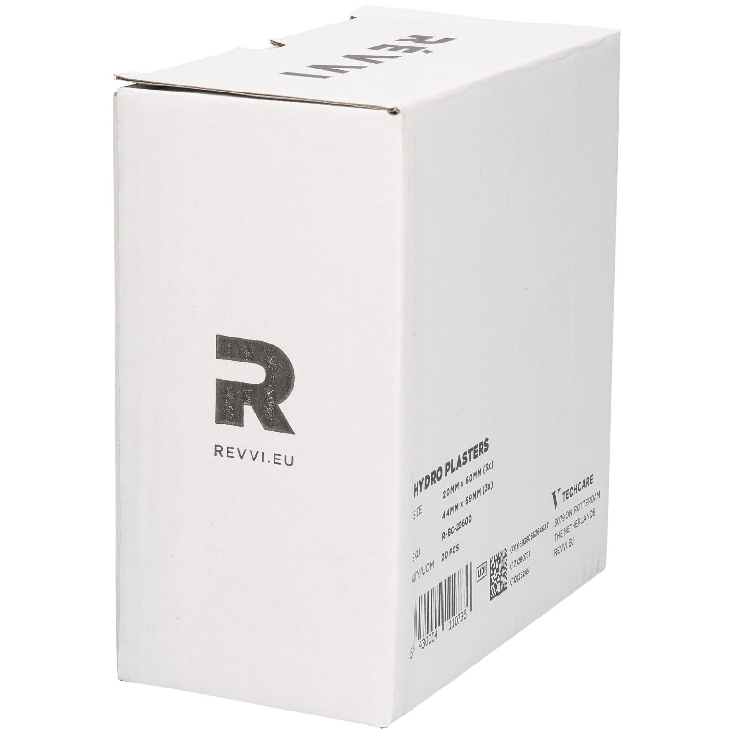 Boîte blanche avec logo et marque REVVI. Inscription HYDRO PLASTERS, 20 pièces. Tailles : 20mm x 60mm (3x), 44mm x 69mm (3x).
