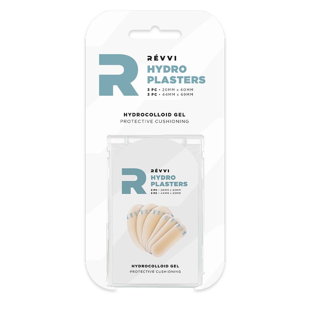 Emballage blister avec HYDRO PLASTERS. Contient des pansements et HYDROCOLLOID GEL. Marque REVVI.
