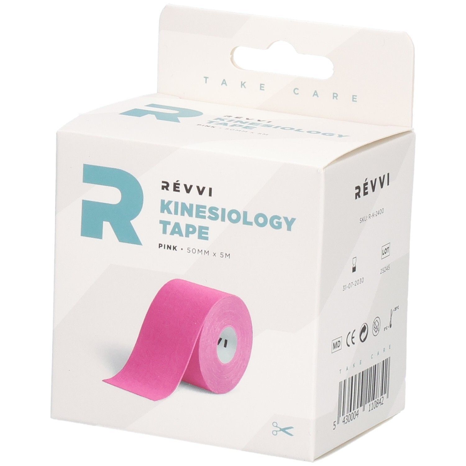 Ruban de kinésiologie RÉVVI Rose, rose. Rouleau dans emballage blanc. 50mm x 5m. Symbole ciseaux.