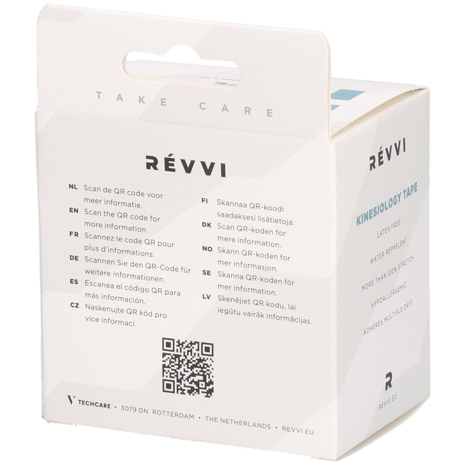 RÉVVI Ruban de kinésiologie Rose, dos de l'emballage. Code QR pour plus d'informations. Instructions multilingues.