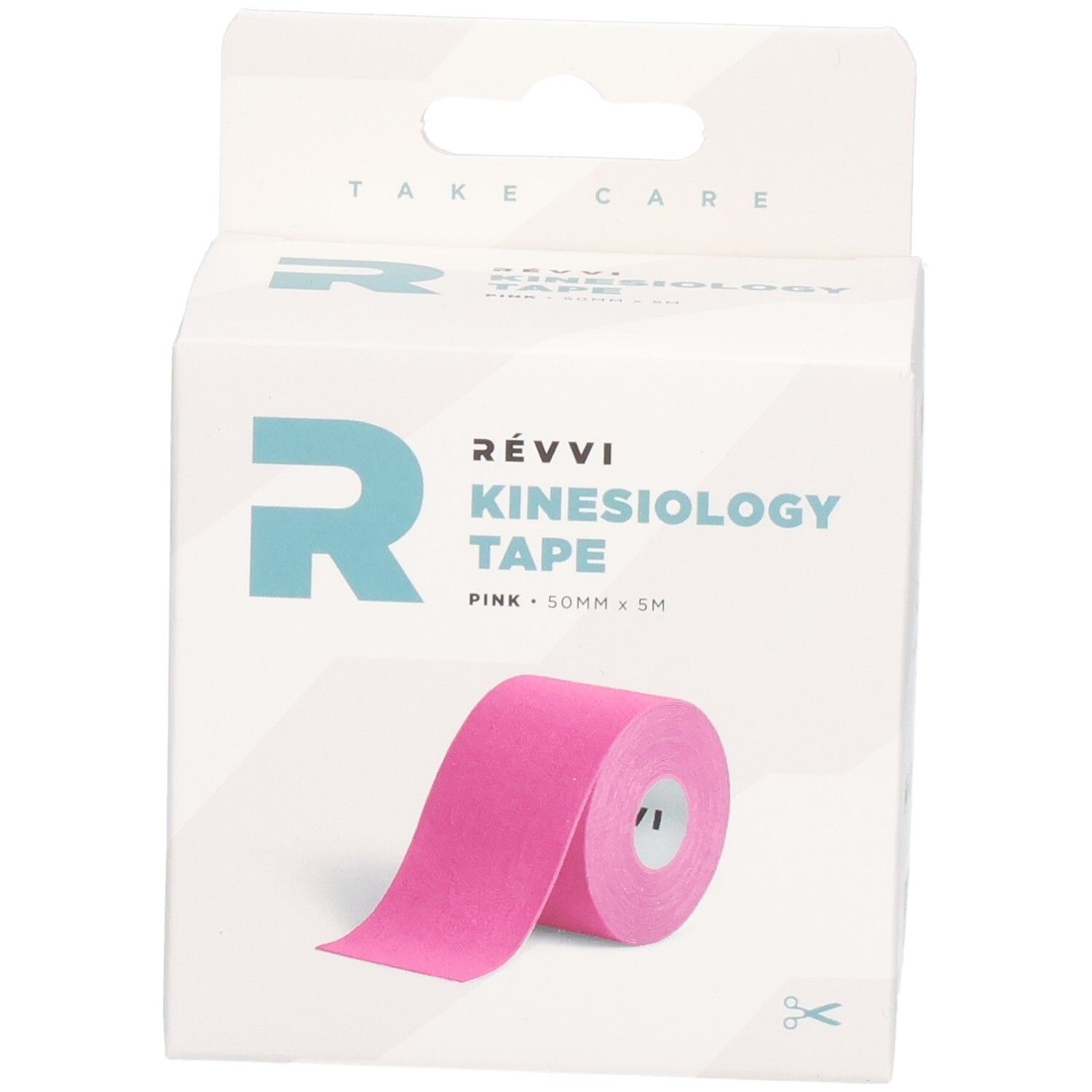 Ruban de kinésiologie RÉVVI Rose, rose. Rouleau dans emballage blanc. 50mm x 5m. Symbole ciseaux.