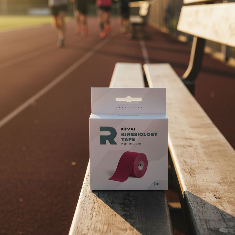Ruban de kinésiologie RÉVVI Rose, rose. Emballage sur un banc. Fond: piste d'athlétisme et athlètes.