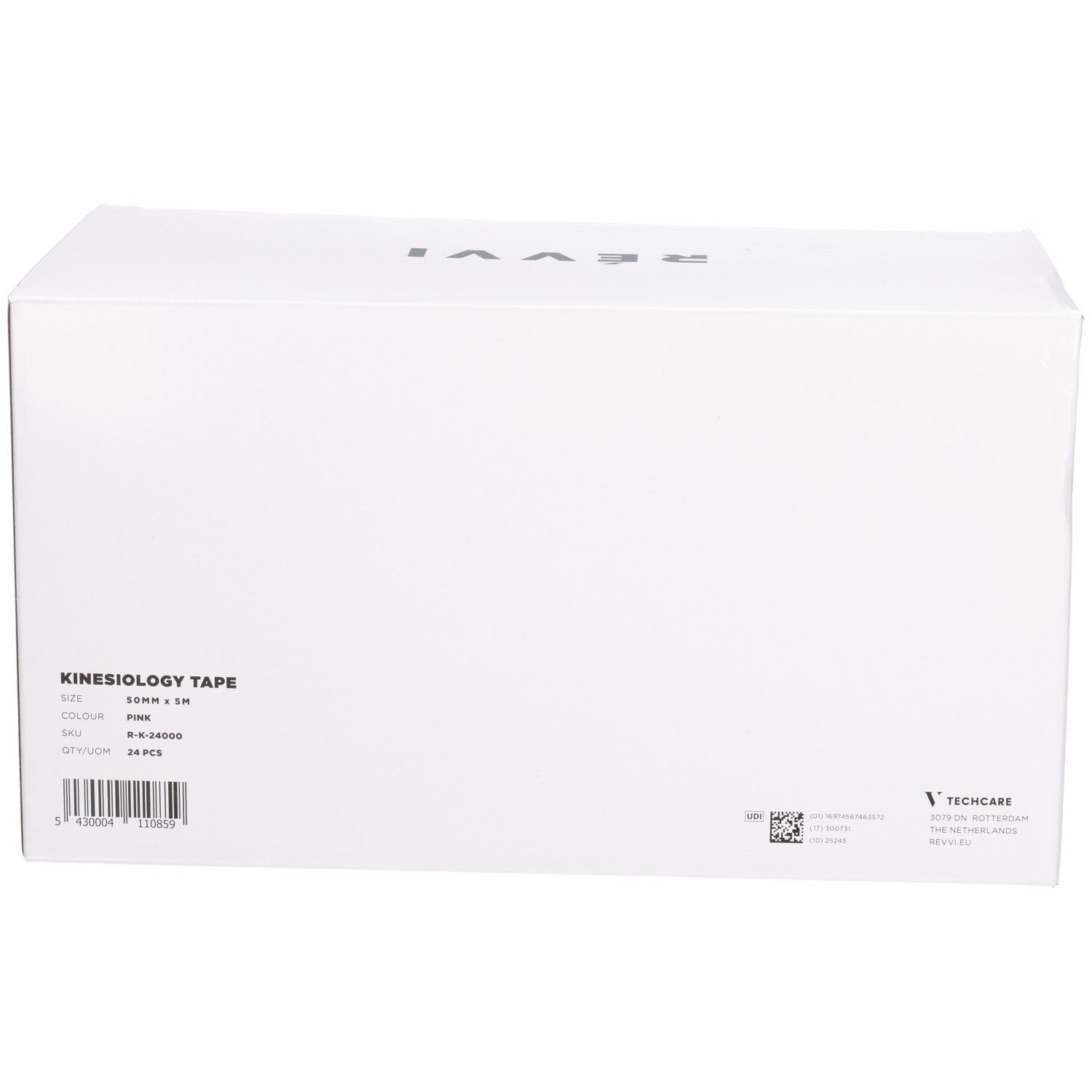 Weiße Box mit schwarzem Aufdruck. Auf der Rückseite: KINESIOLOGY TAPE, Größe, Farbe, Artikelnummer, Anzahl. QR-Code und Techcare-Logo.