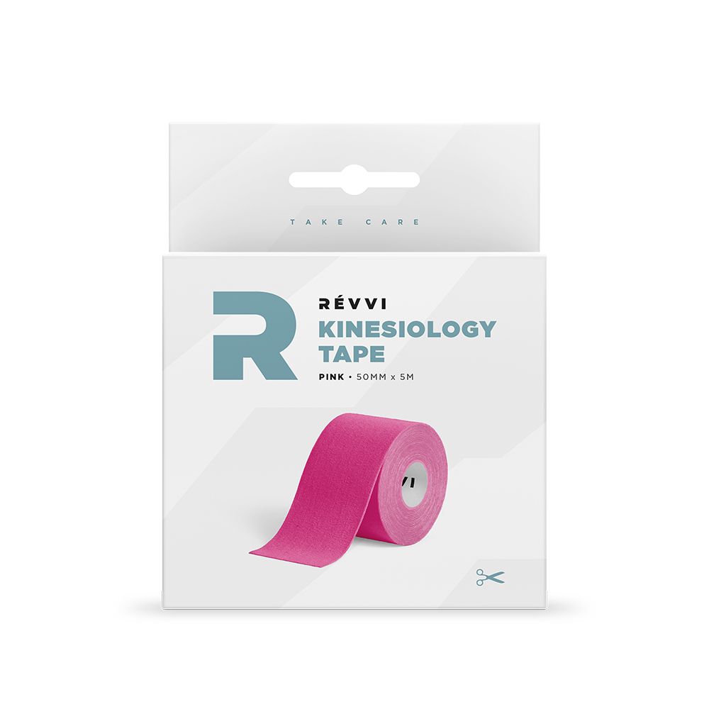 Emballage avec ruban de kinésiologie rose. RÉVVI, KINESIOLOGY TAPE, Rose, 50mm x 5m. Logo R et symbole ciseaux.