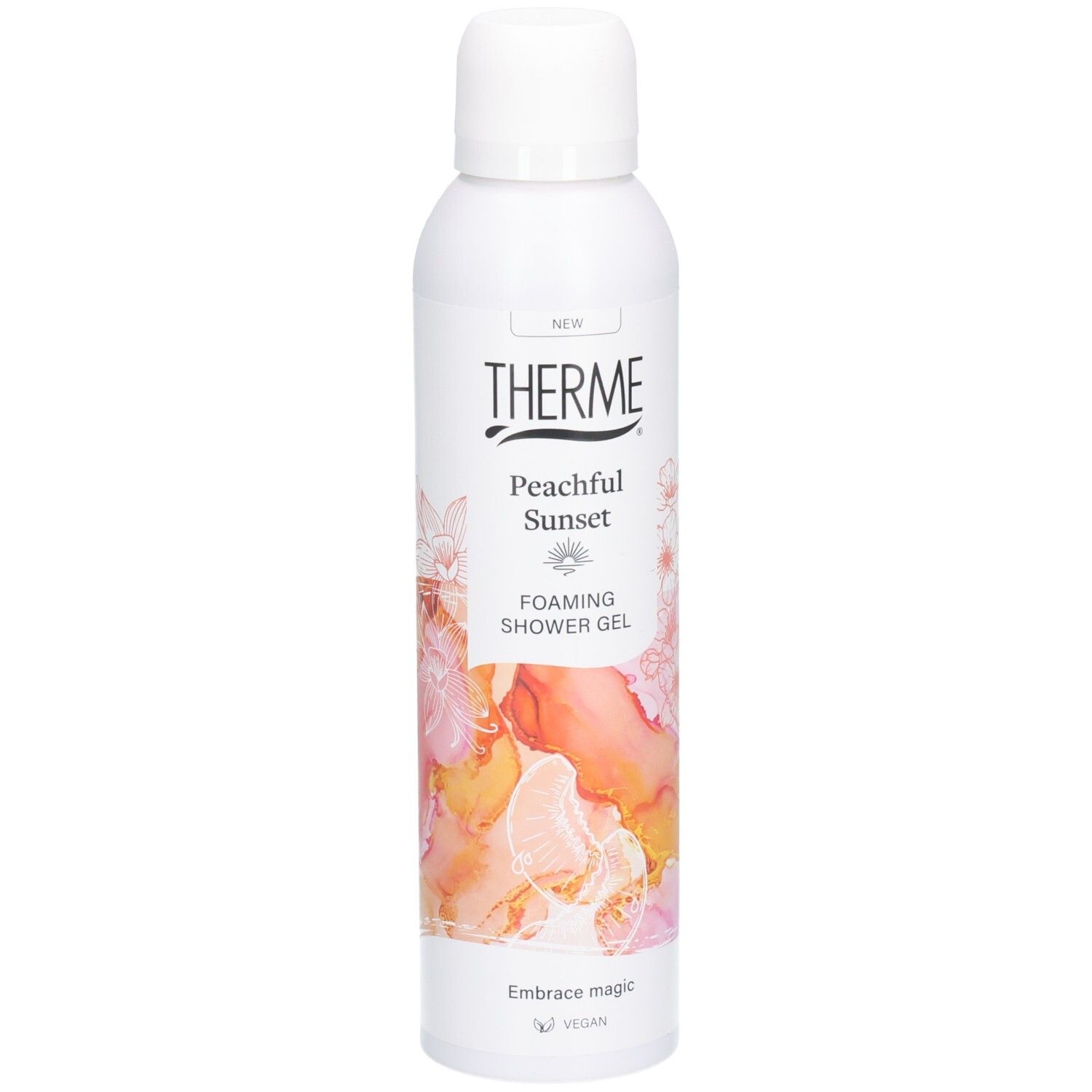 Weiße Flasche mit THERME Peachful Sunset Duschgel. Aufdrucke: Foaming Shower Gel, Embrace magic, Vegan.