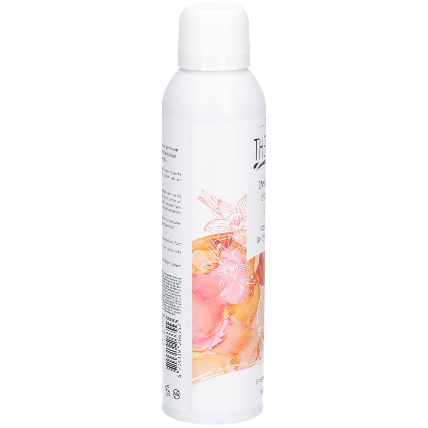 Weiße Flasche, THERME Peachful Sunset Duschgel. Seitliche Ansicht mit Text und floralem Design. Barcode.