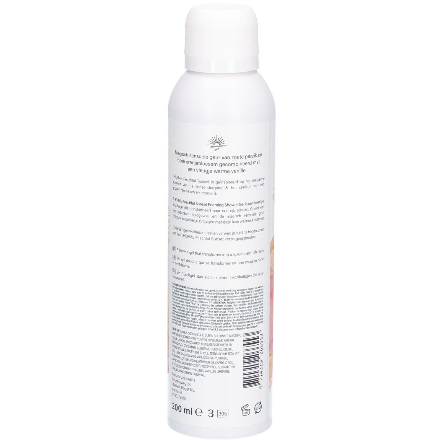 Rückseite der weißen Flasche THERME Peachful Sunset Duschgel. Text in mehreren Sprachen, 200 ml.