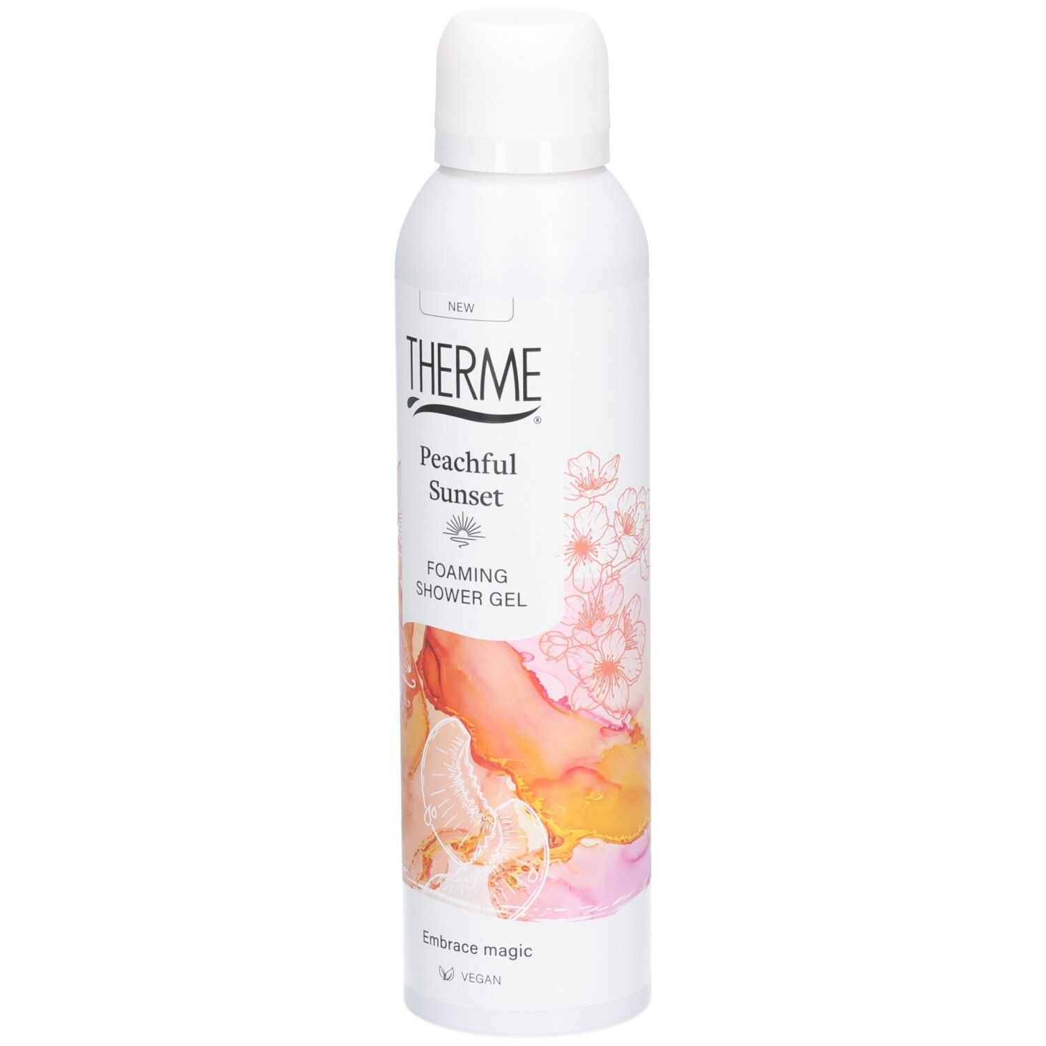 Weiße Flasche THERME Peachful Sunset Duschgel. Aufdrucke: Foaming Shower Gel, Embrace magic, Vegan.