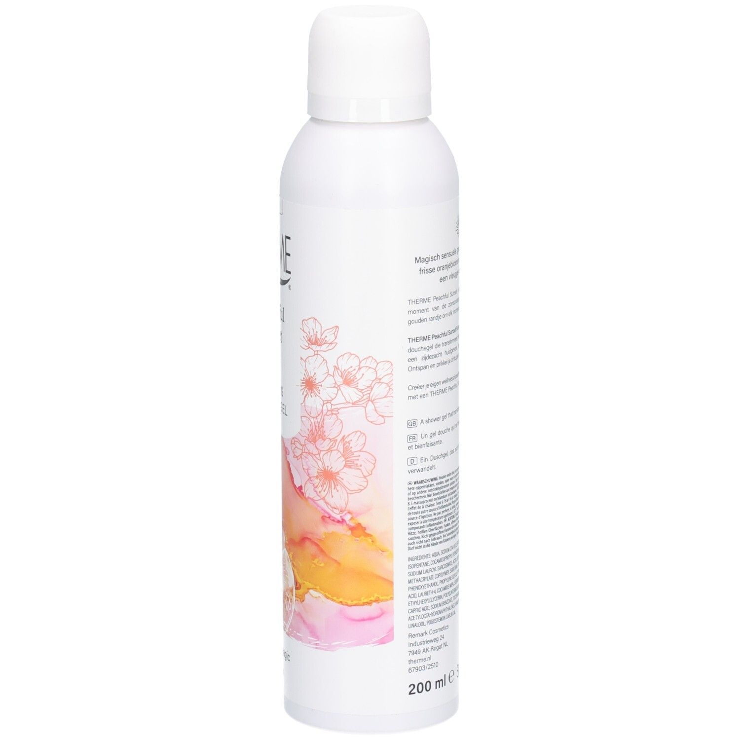 Weiße Flasche THERME Peachful Sunset Duschgel. Seitliche Ansicht mit Text und floralem Design. 200 ml.