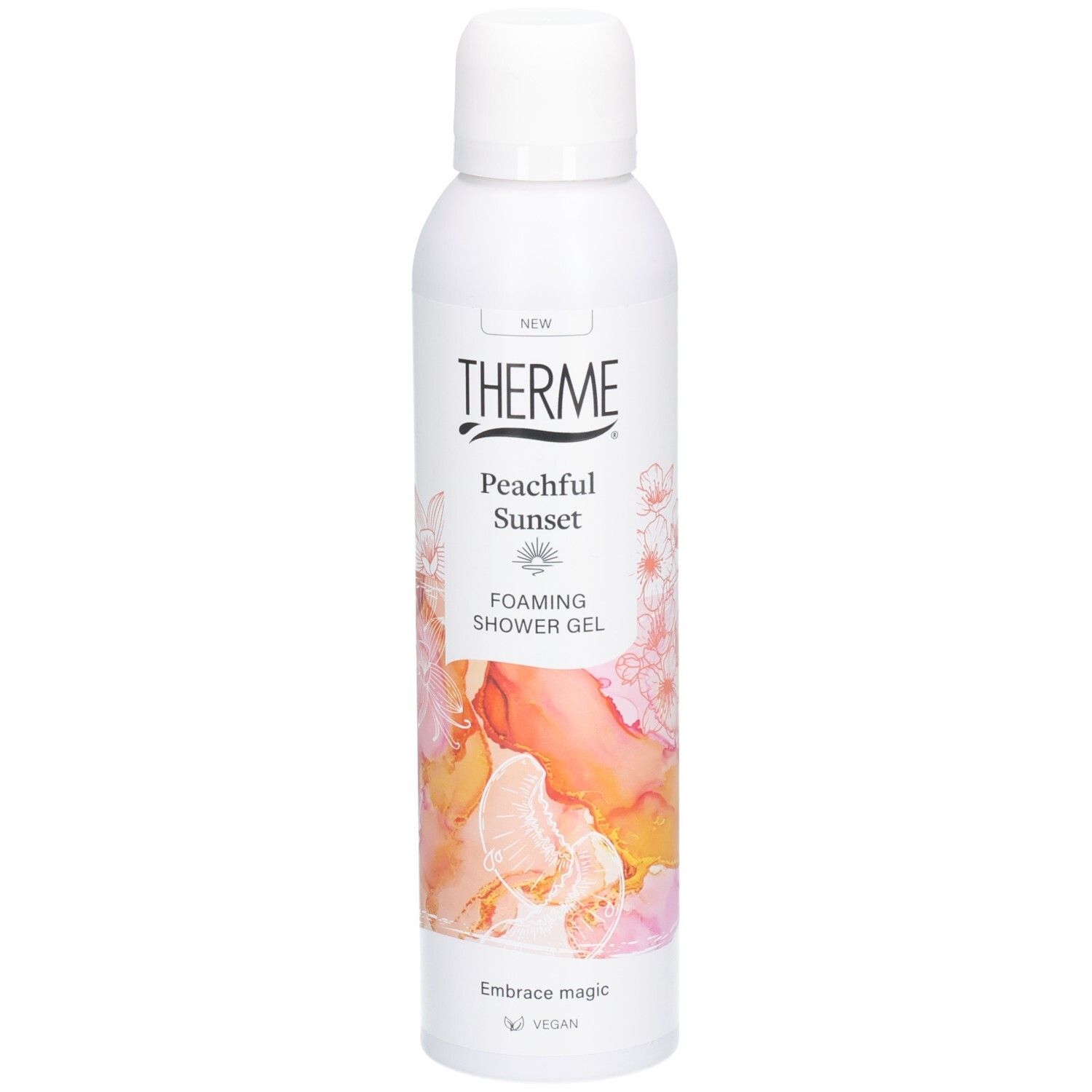 Weiße Flasche mit THERME Peachful Sunset Duschgel. Aufdrucke: Foaming Shower Gel, Embrace magic, Vegan.