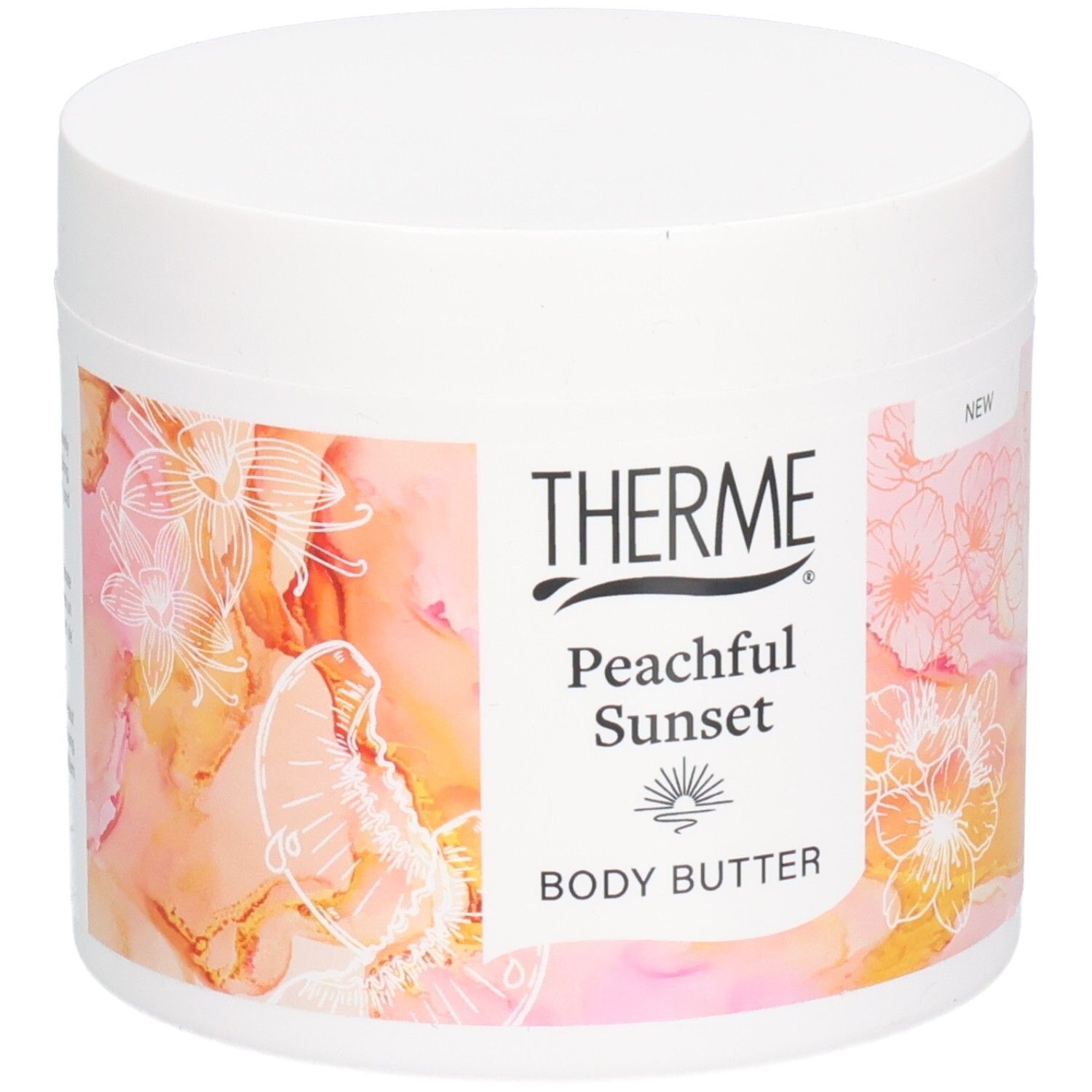 Weißer Tiegel mit Therme Peachful Sunset Body Butter. Aufkleber mit floralem Design und Produktnamen.