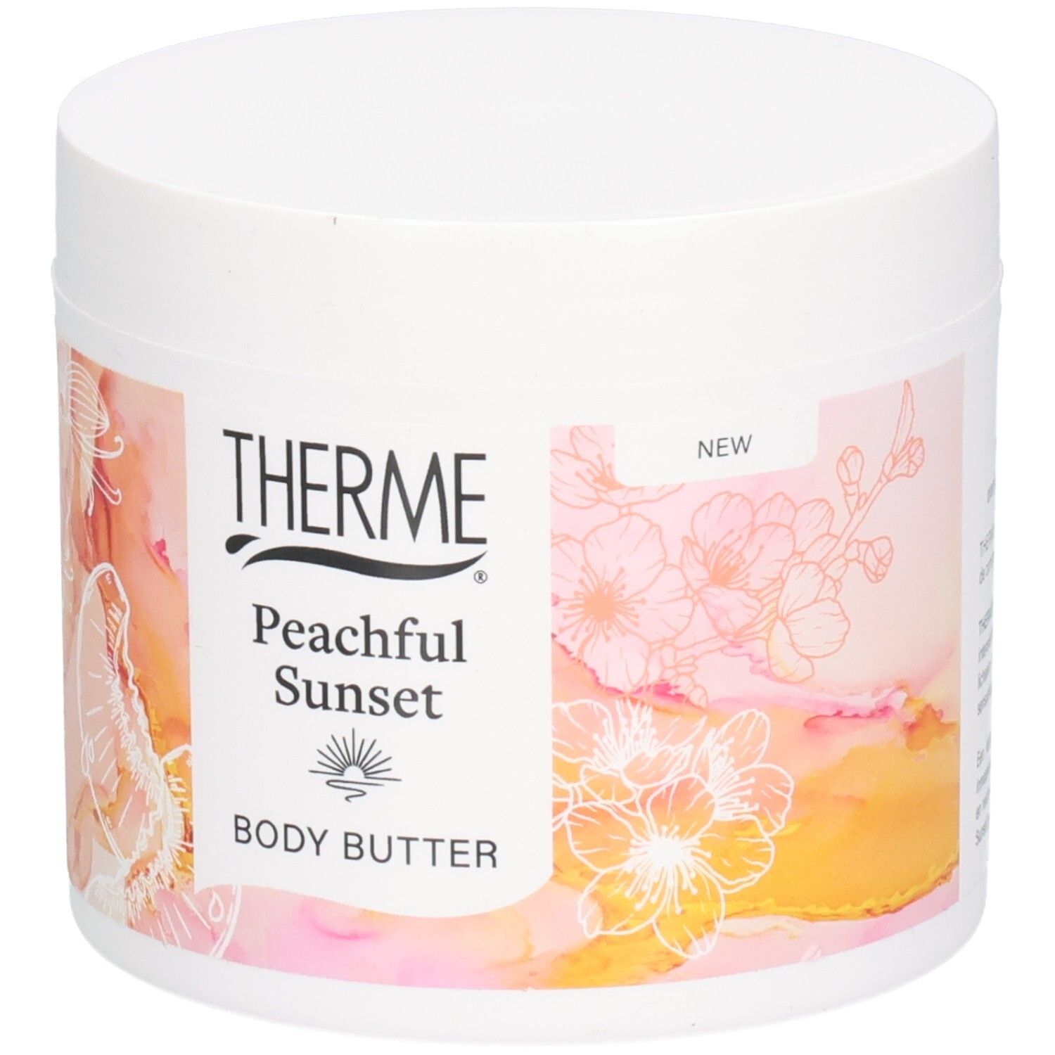 Weißer Tiegel mit Therme Peachful Sunset Body Butter. Aufkleber mit floralem Design und Produktnamen.