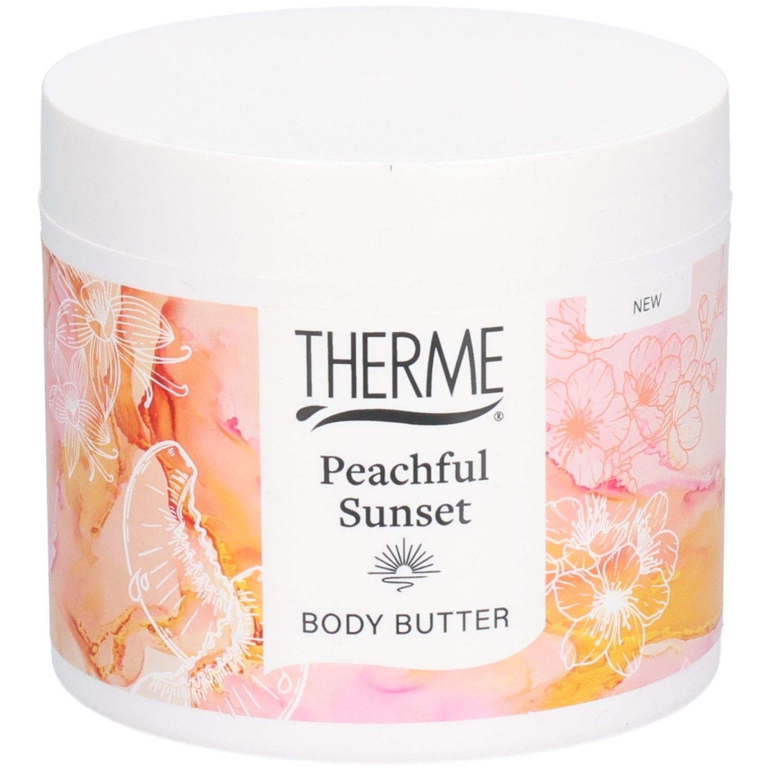 Weißer Tiegel mit Therme Peachful Sunset Body Butter. Aufkleber mit floralem Design und Produktnamen.