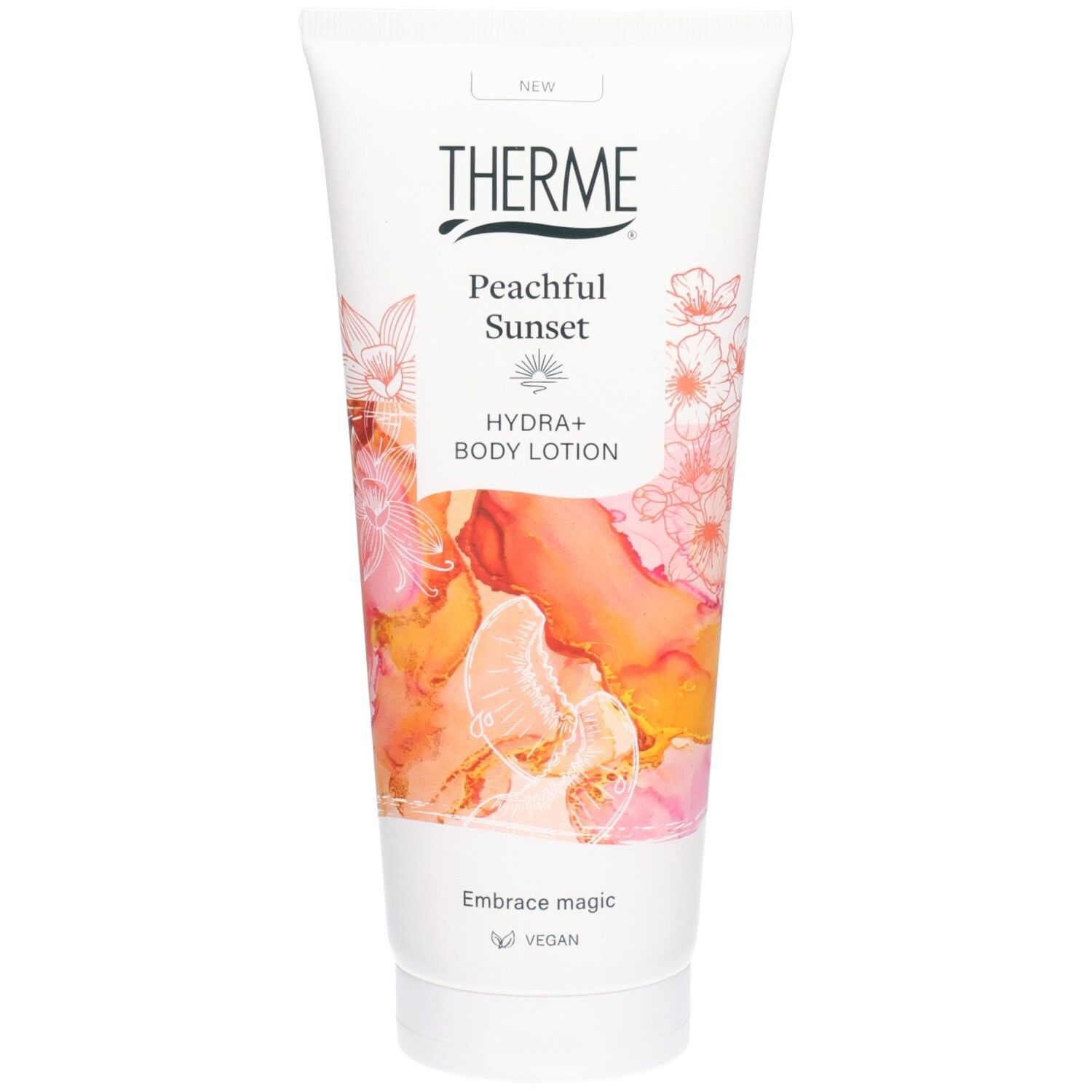 Weiße Tube mit THERME-Logo und "Peachful Sunset"-Schriftzug. Abbildung von Blüten und Frucht. "HYDRA+ BODY LOTION".
