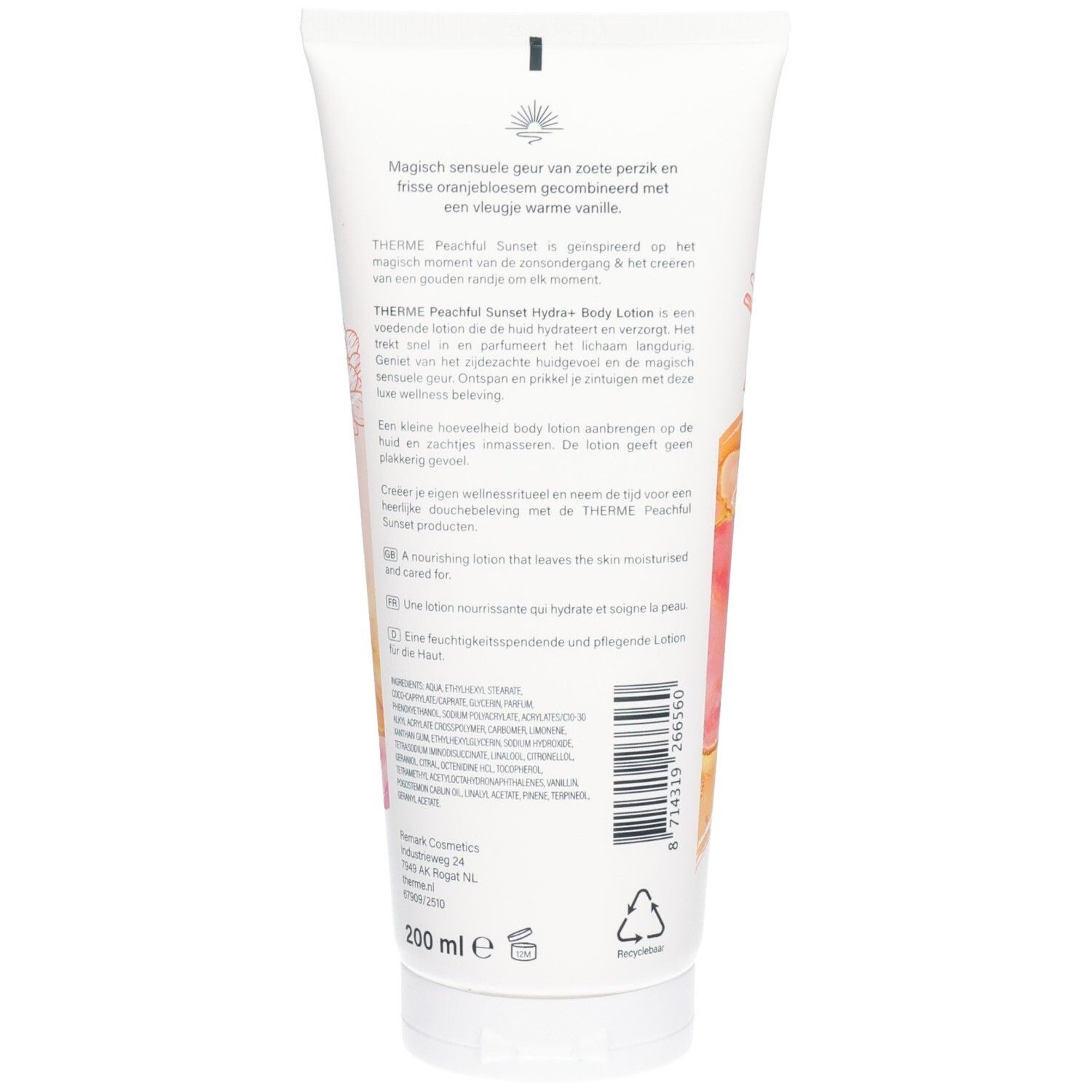Rückseite der Tube. Text in mehreren Sprachen. "Peachful Sunset Hydra+ Body Lotion". 200 ml. Recycling-Symbol.