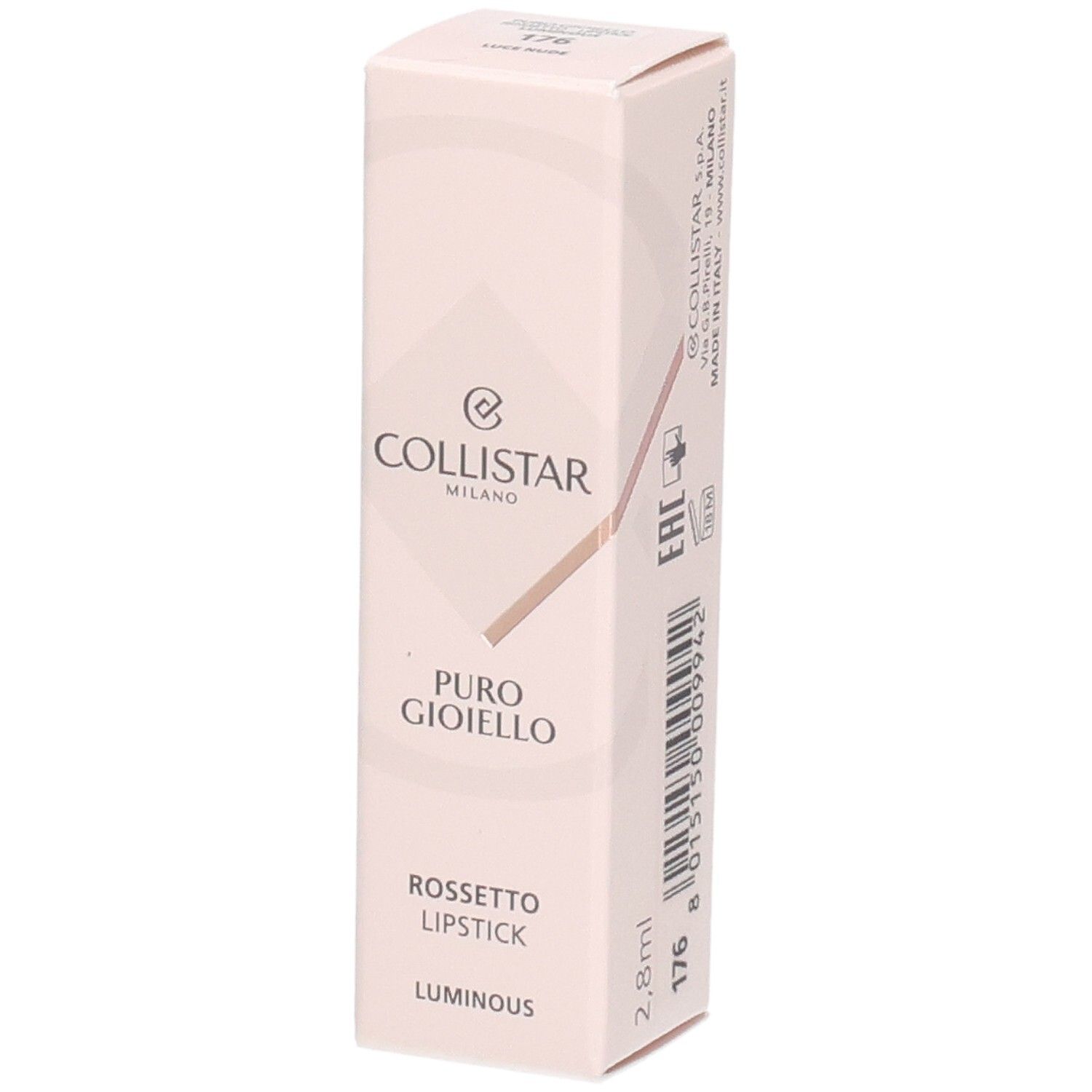 Collistar Puro Gioiello Lippenstift Verpackung, Farbe 176 Luce Nude.