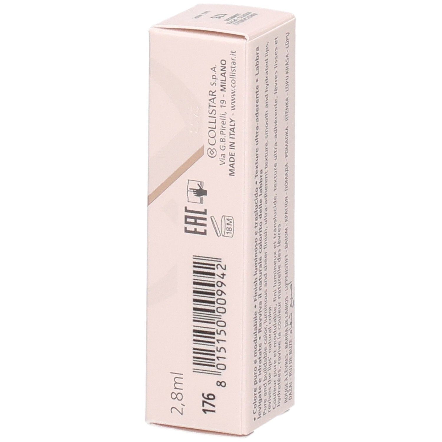 Collistar Puro Gioiello Lippenstift Verpackung mit Barcode und Herstellungsland.