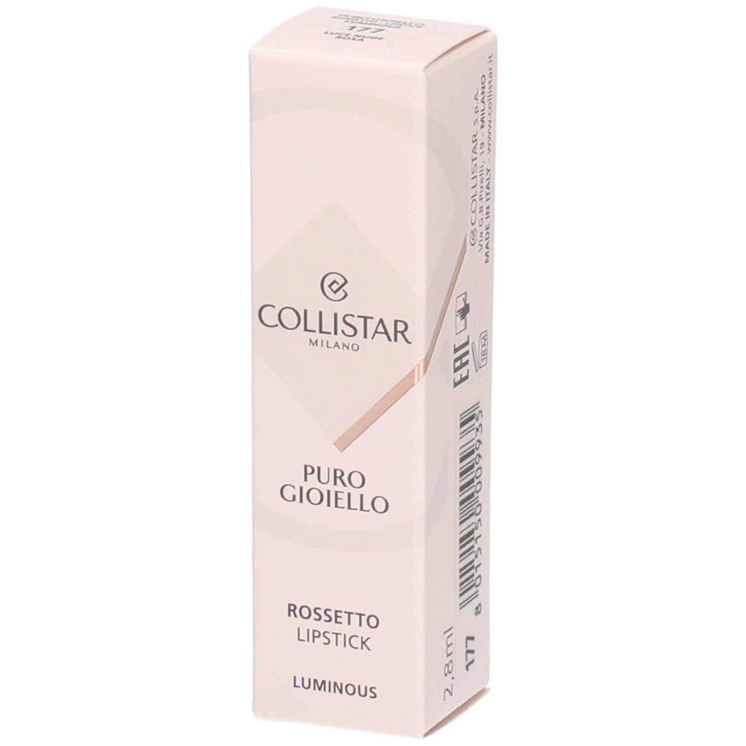 Collistar Puro Gioiello Lippenstift Verpackung, Rosa mit Goldakzenten.
