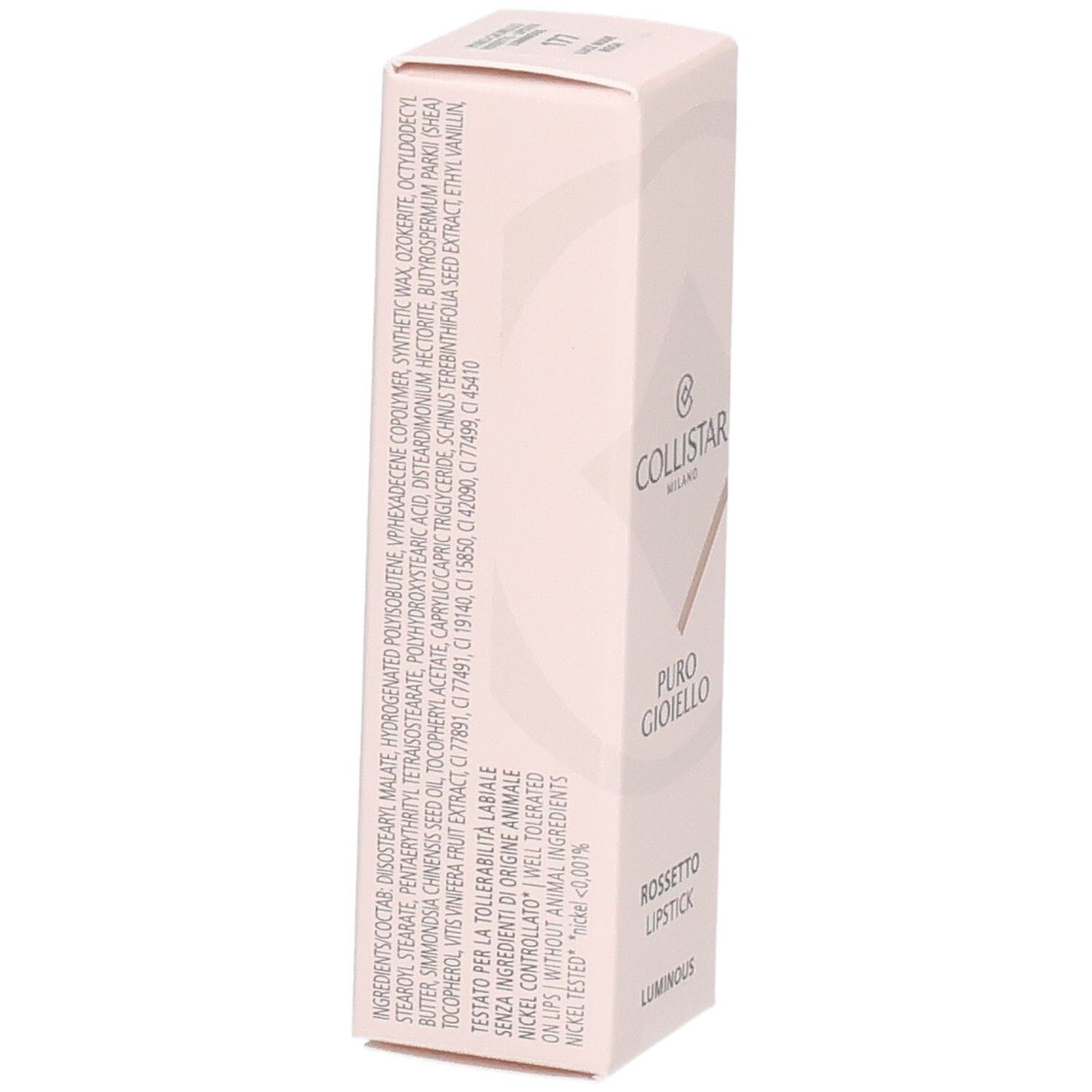 Collistar Puro Gioiello Lippenstift Verpackung, Rückseite mit Inhaltsstoffen.