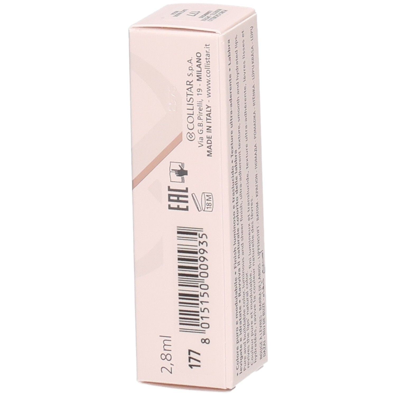 Collistar Puro Gioiello Lippenstift Verpackung, Seite mit Barcode und Details.
