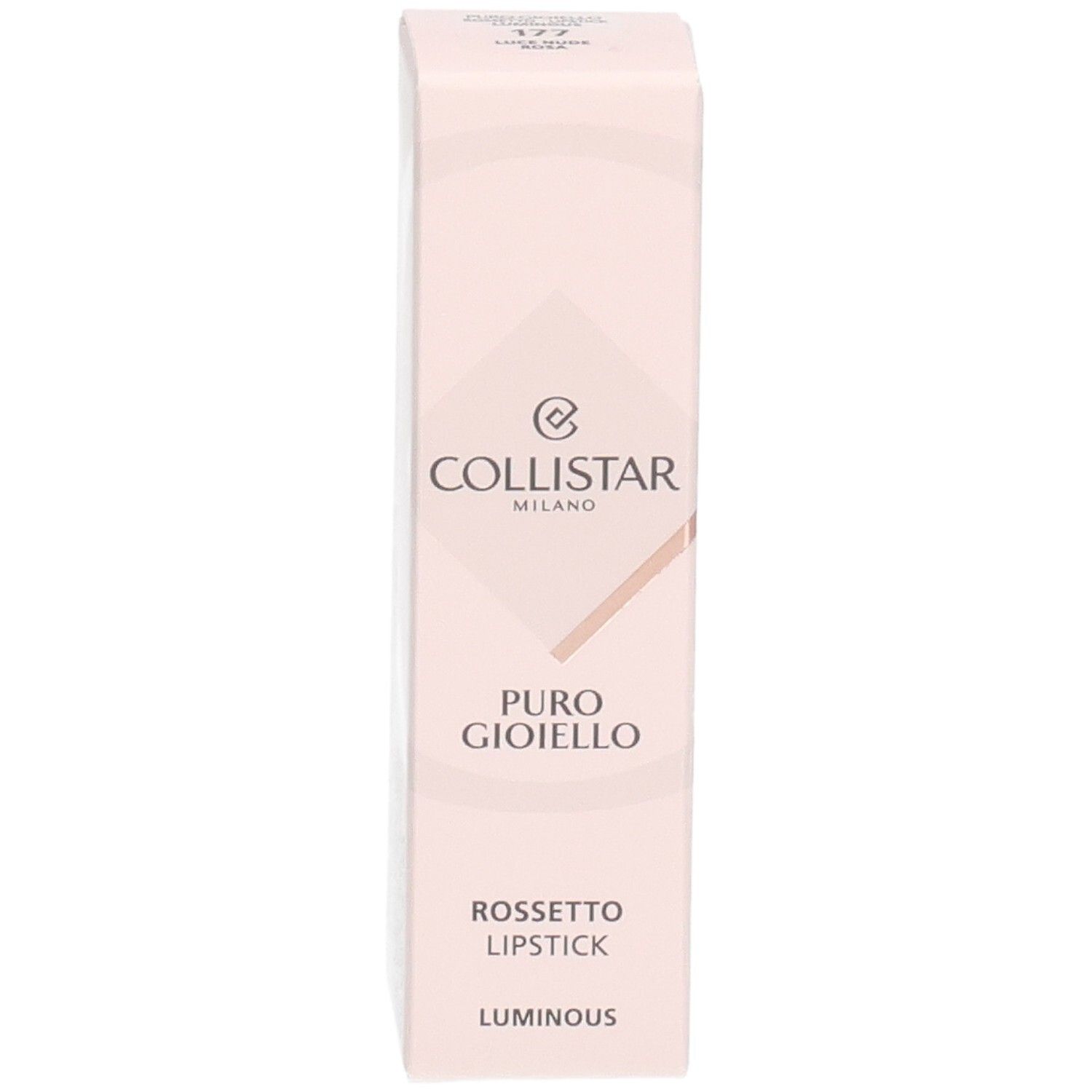 Collistar Puro Gioiello Lippenstift Verpackung, Vorderseite mit Logo und Produktname.