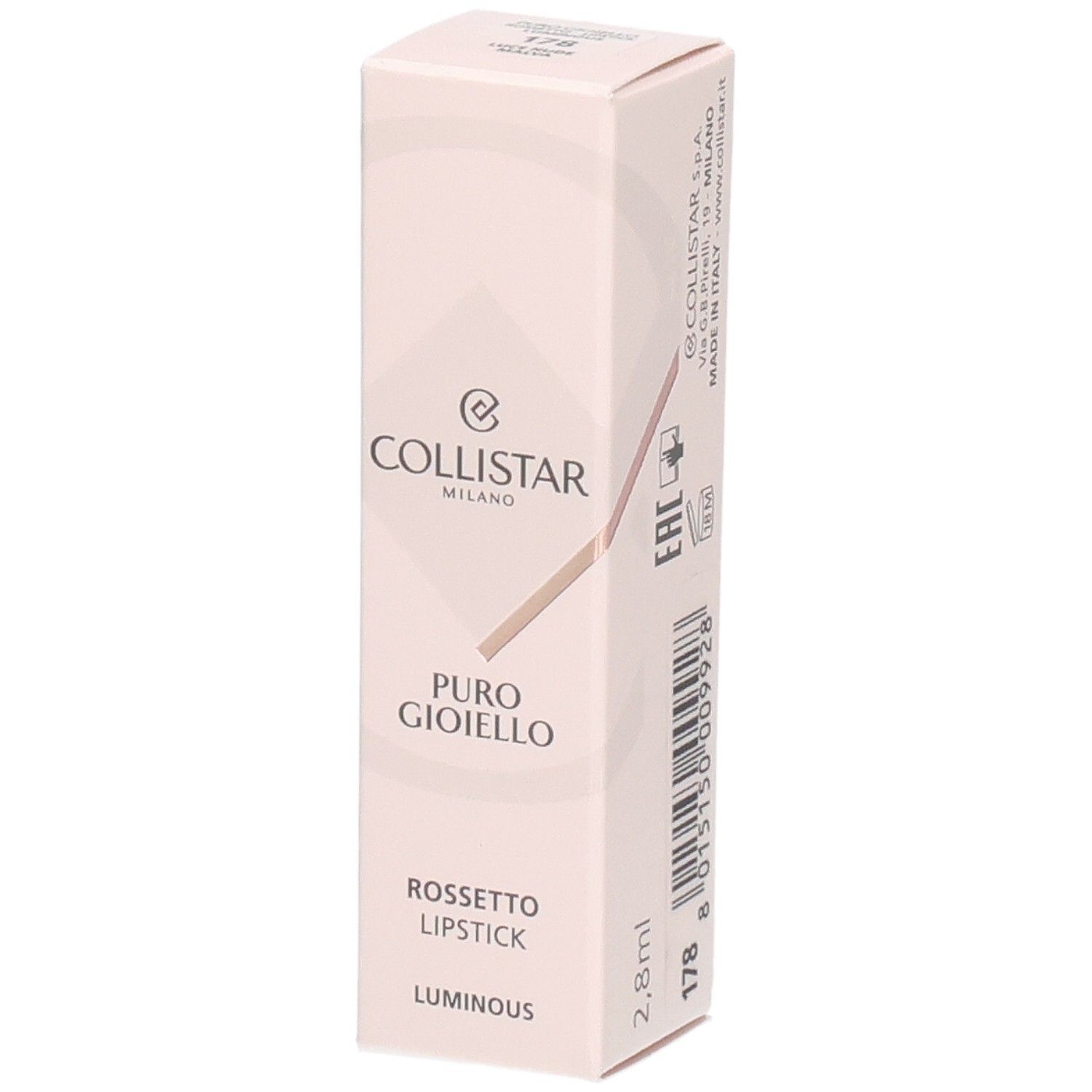 Collistar Puro Gioiello Lippenstift Verpackung, Farbe 178 Luce Nude Malva.
