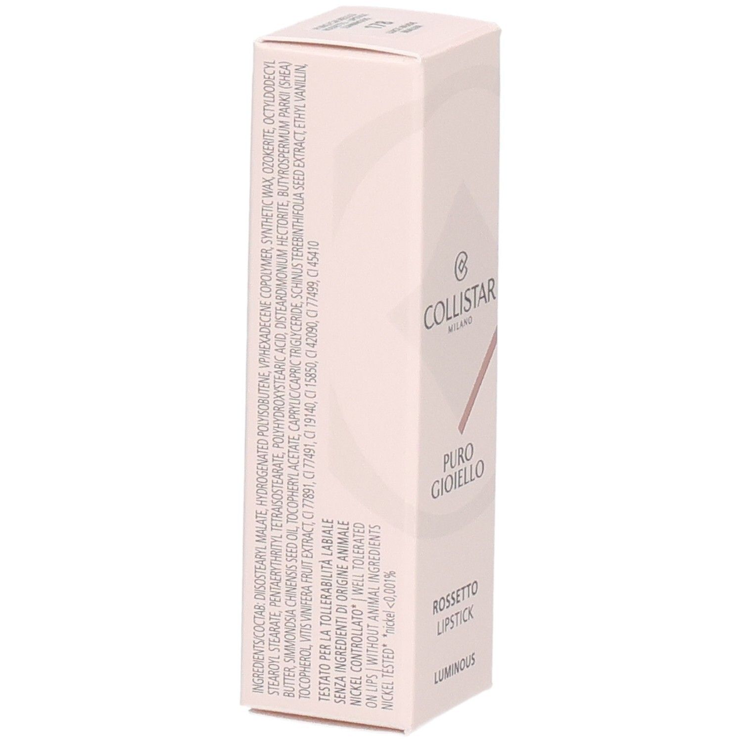Collistar Puro Gioiello Lippenstift Verpackung Rückseite mit Inhaltsstoffen.