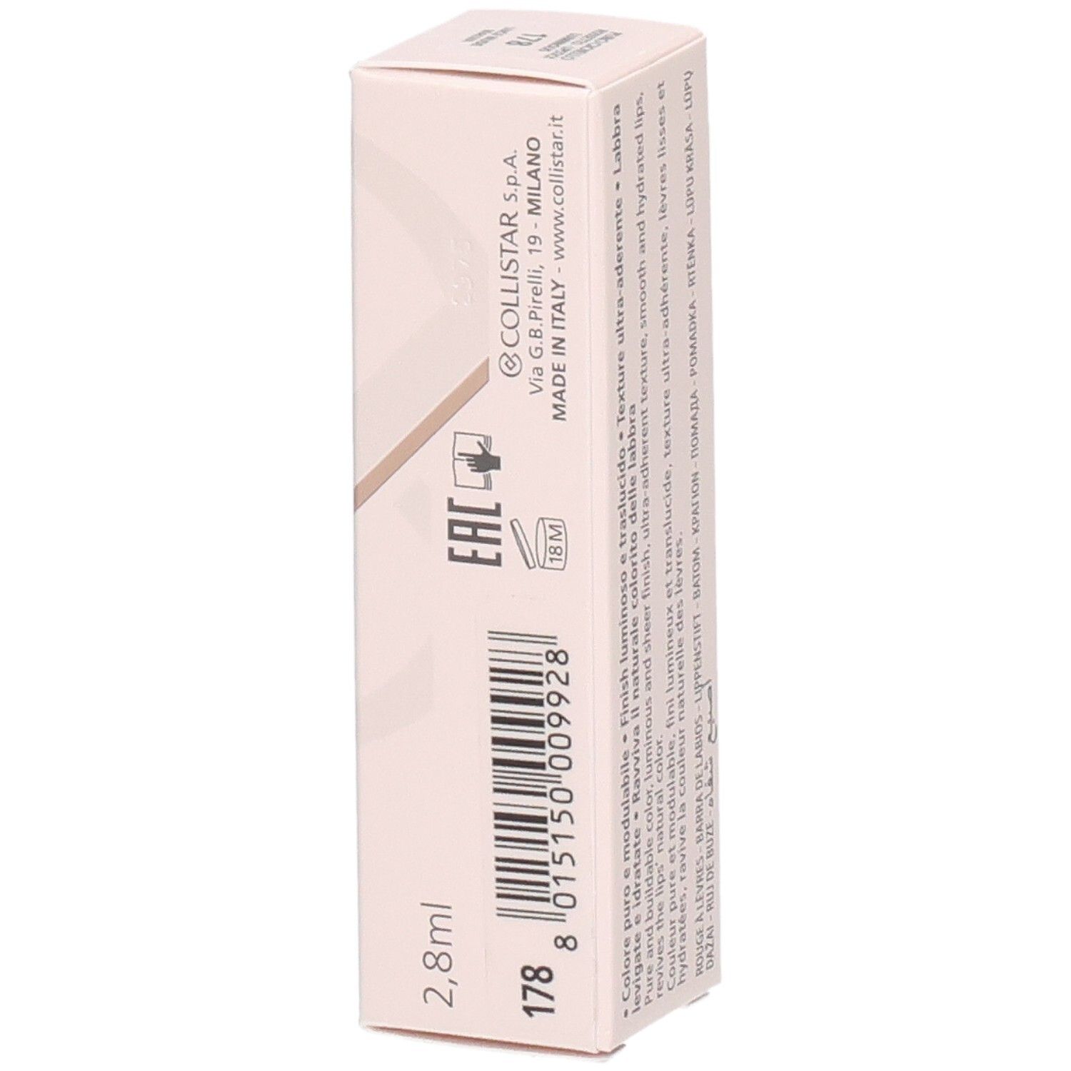 Collistar Puro Gioiello Lippenstift Verpackung mit Barcode und Details.