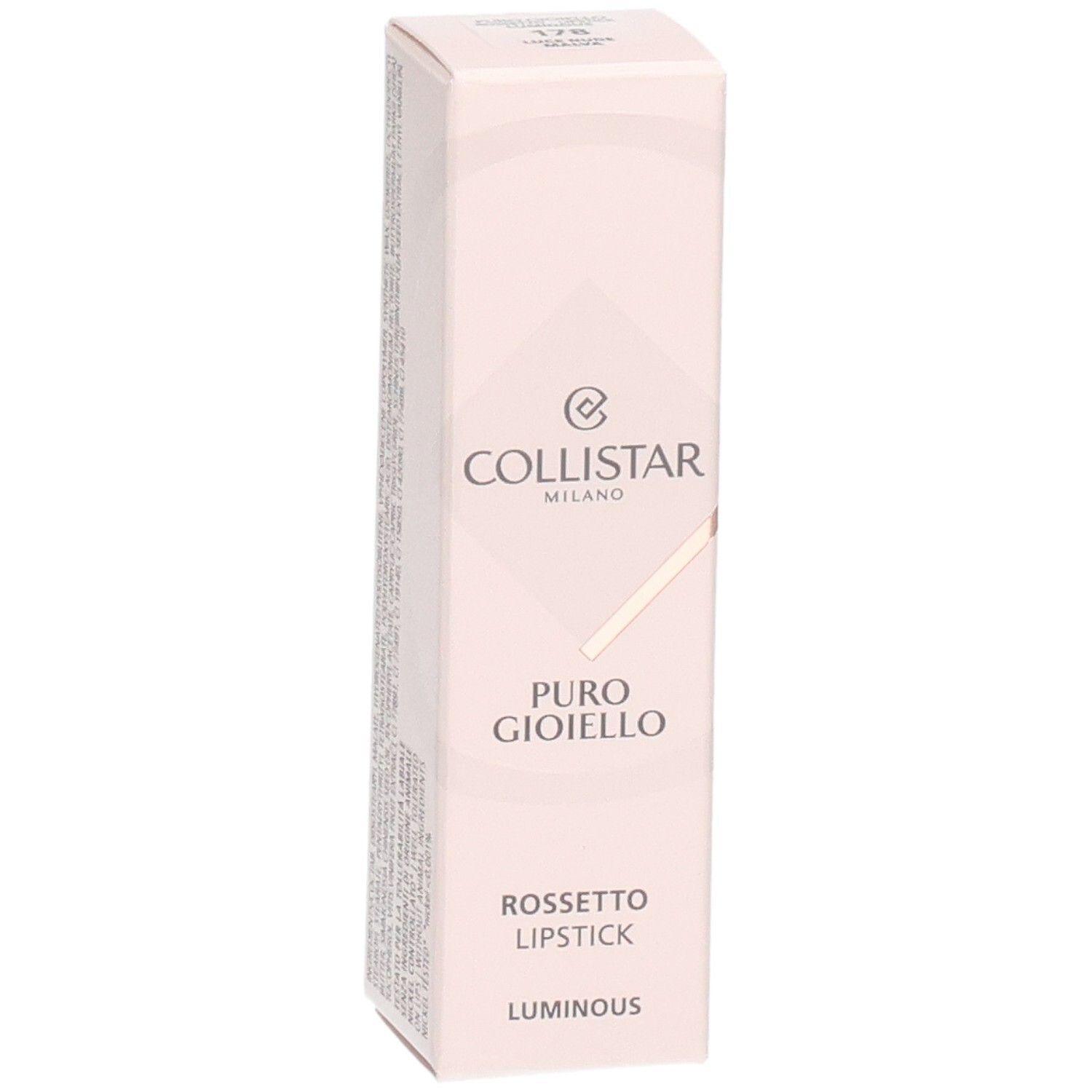 Collistar Puro Gioiello Lippenstift Verpackung, Seite mit Details.