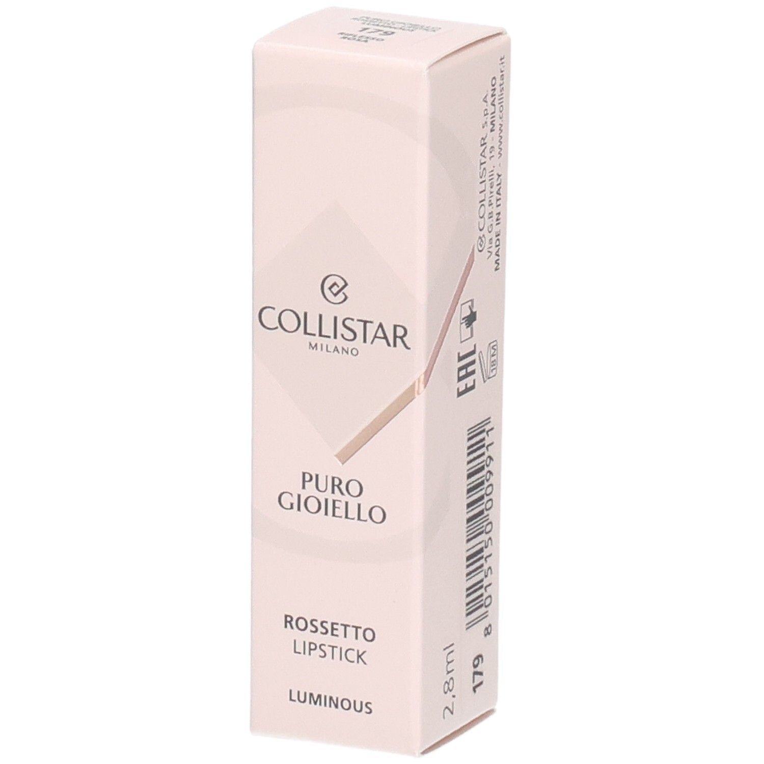 Collistar Puro Gioiello Luminous Lipstick Verpackung mit Produktinformationen und Barcode.