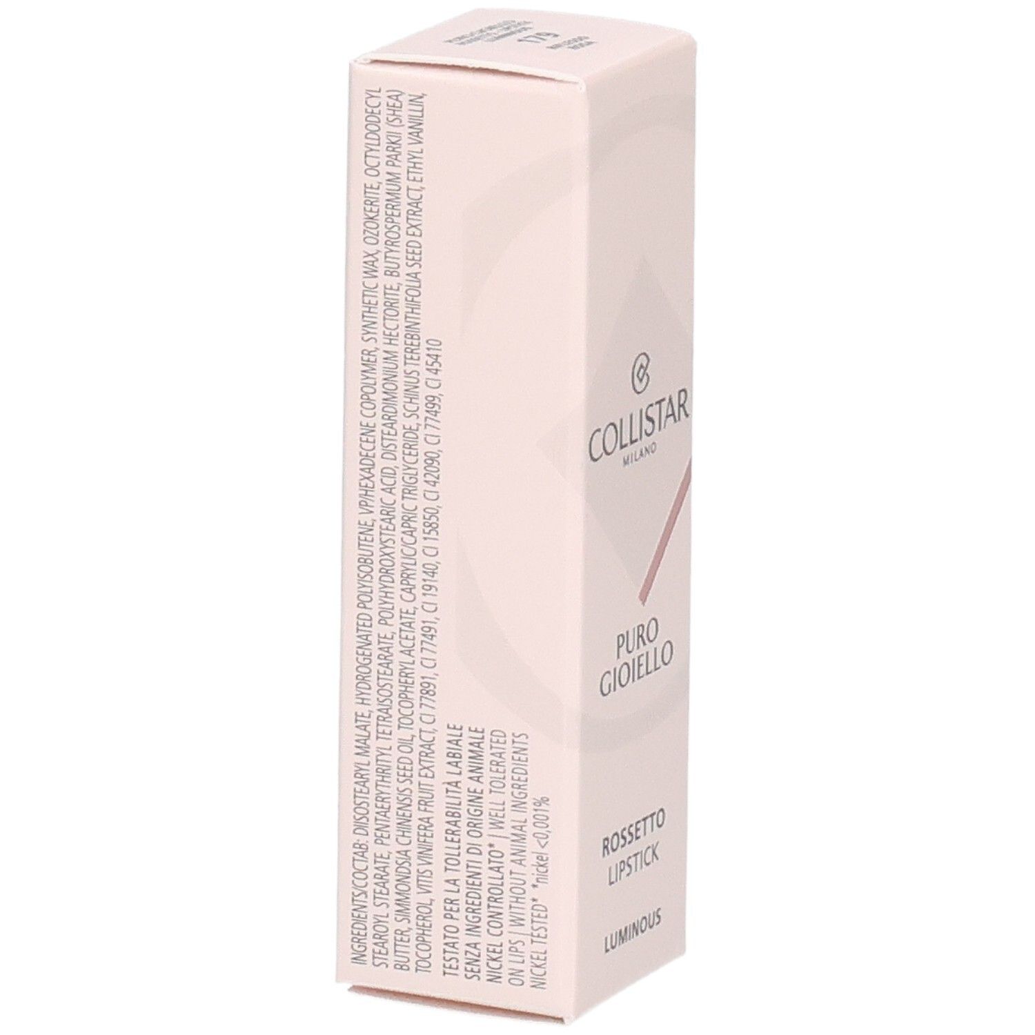 Rückseite der Collistar Puro Gioiello Luminous Lipstick Verpackung mit Inhaltsstoffangaben.