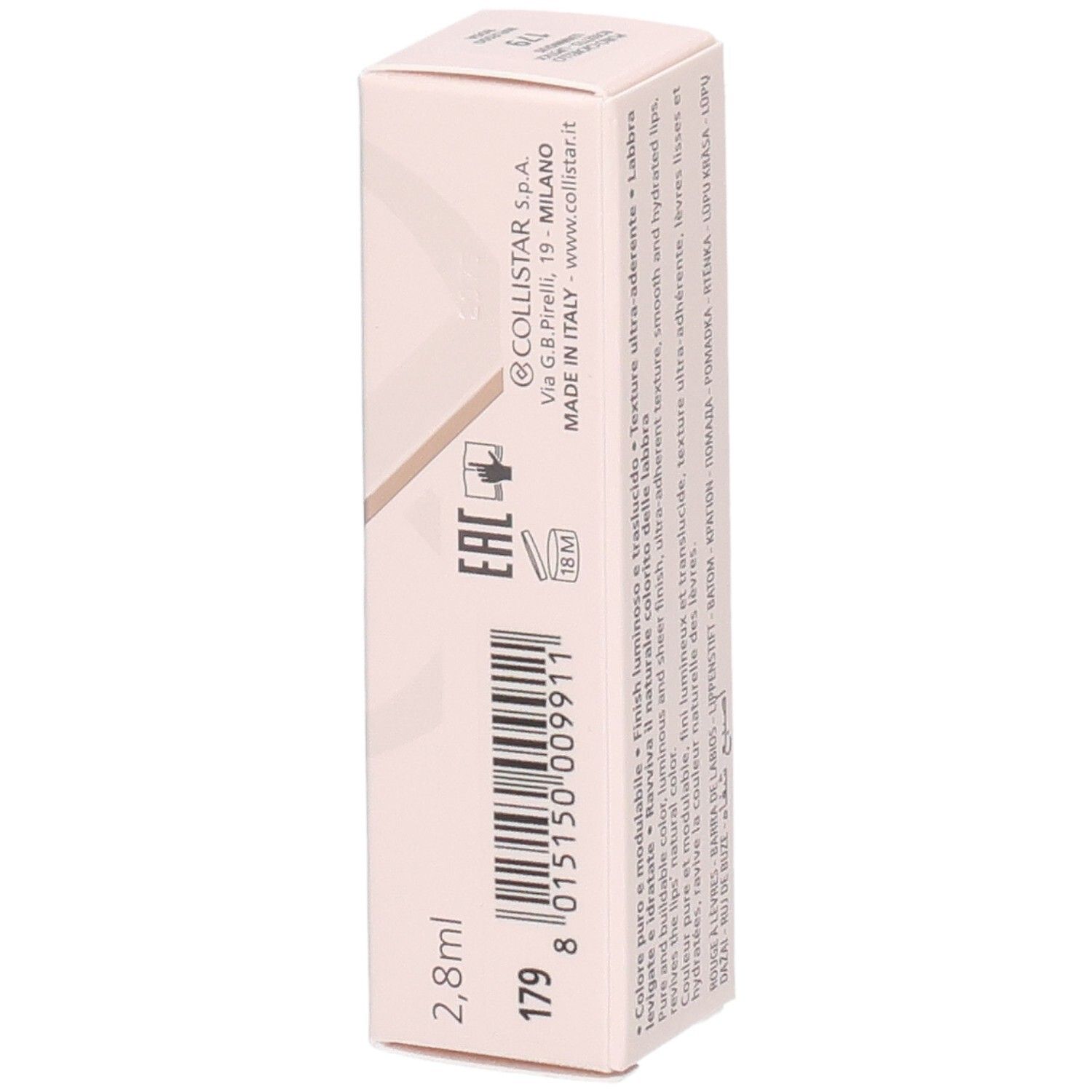 Seitenansicht der Collistar Puro Gioiello Luminous Lipstick Verpackung mit Hersteller- und Produktinfos.
