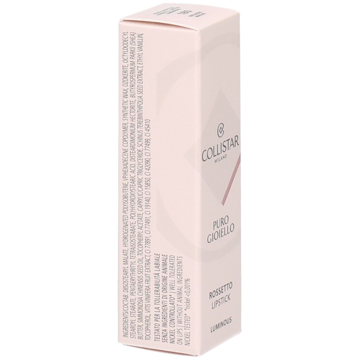 Rückseite der Collistar Puro Gioiello Lippenstift-Verpackung mit Inhaltsstoffangaben.