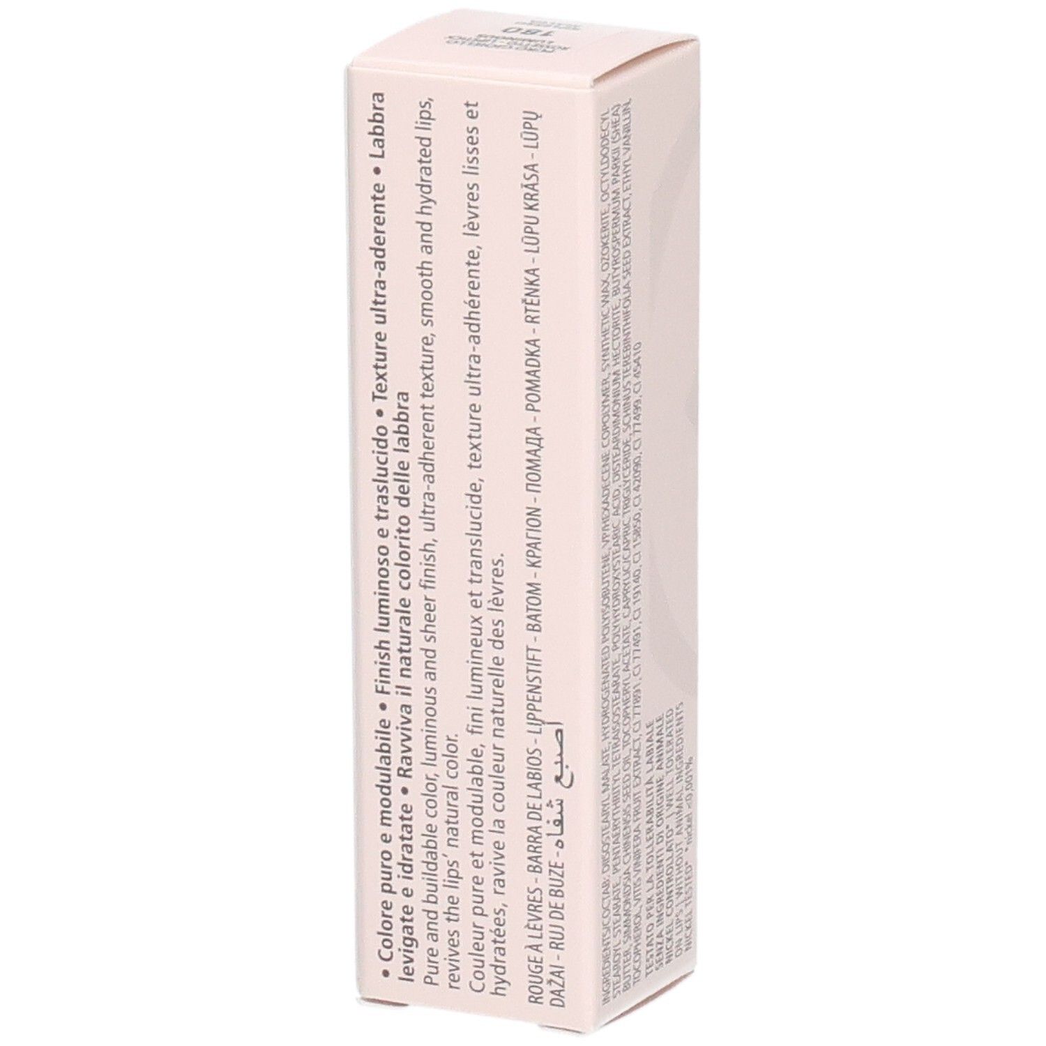 Seite der Collistar Puro Gioiello Lippenstift-Verpackung mit Produktbeschreibung in mehreren Sprachen.