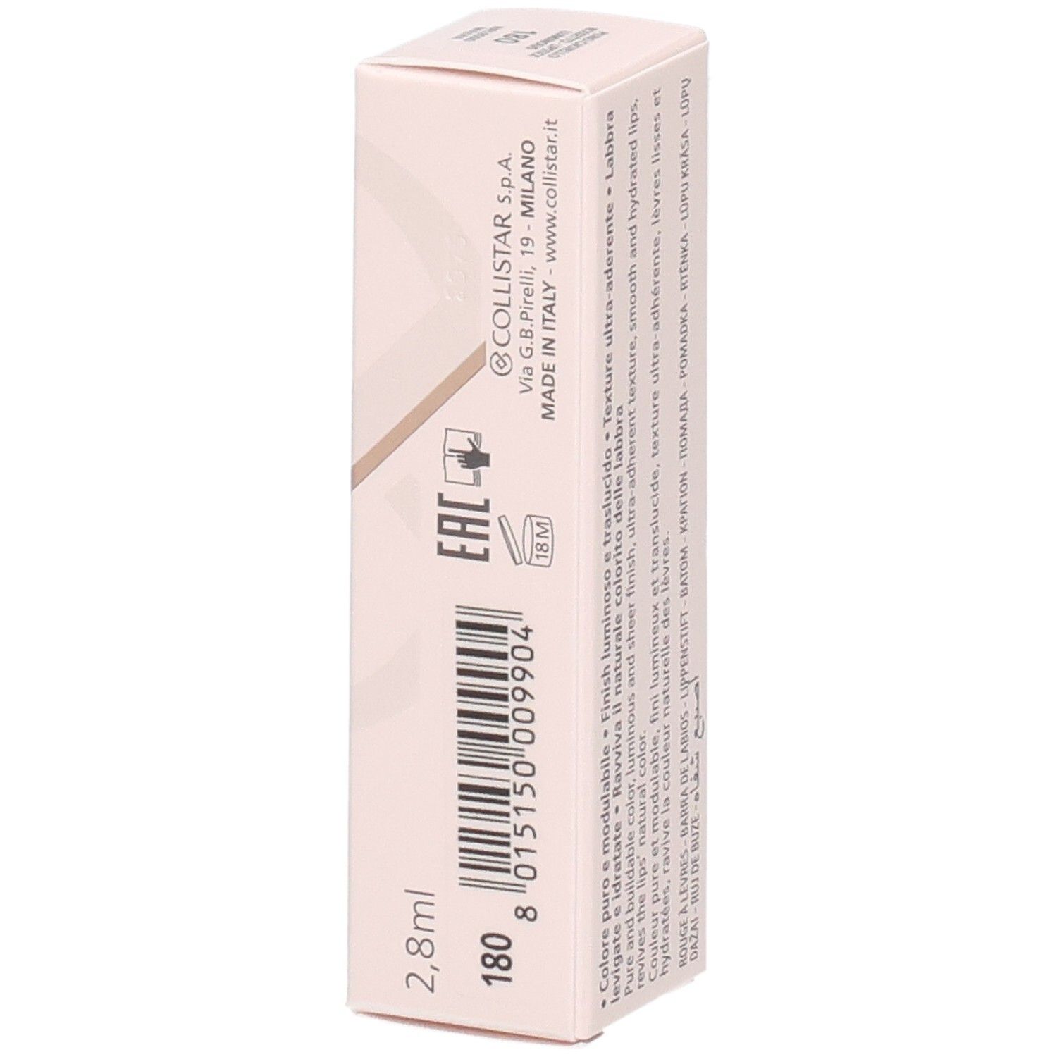 Seitenansicht der Collistar Puro Gioiello Lippenstift-Verpackung mit Hersteller- und Produktinformationen.