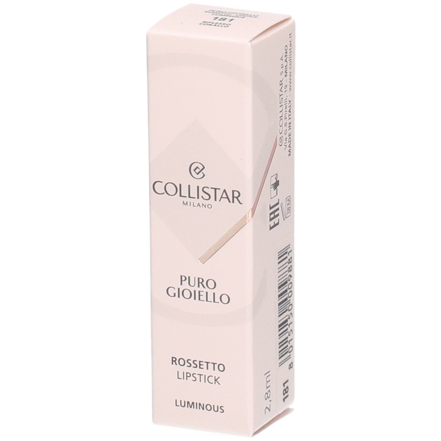Collistar Lipstick-Verpackung. Rosa Karton mit Produktnamen und Logo. 2,8 ml. Luminous.