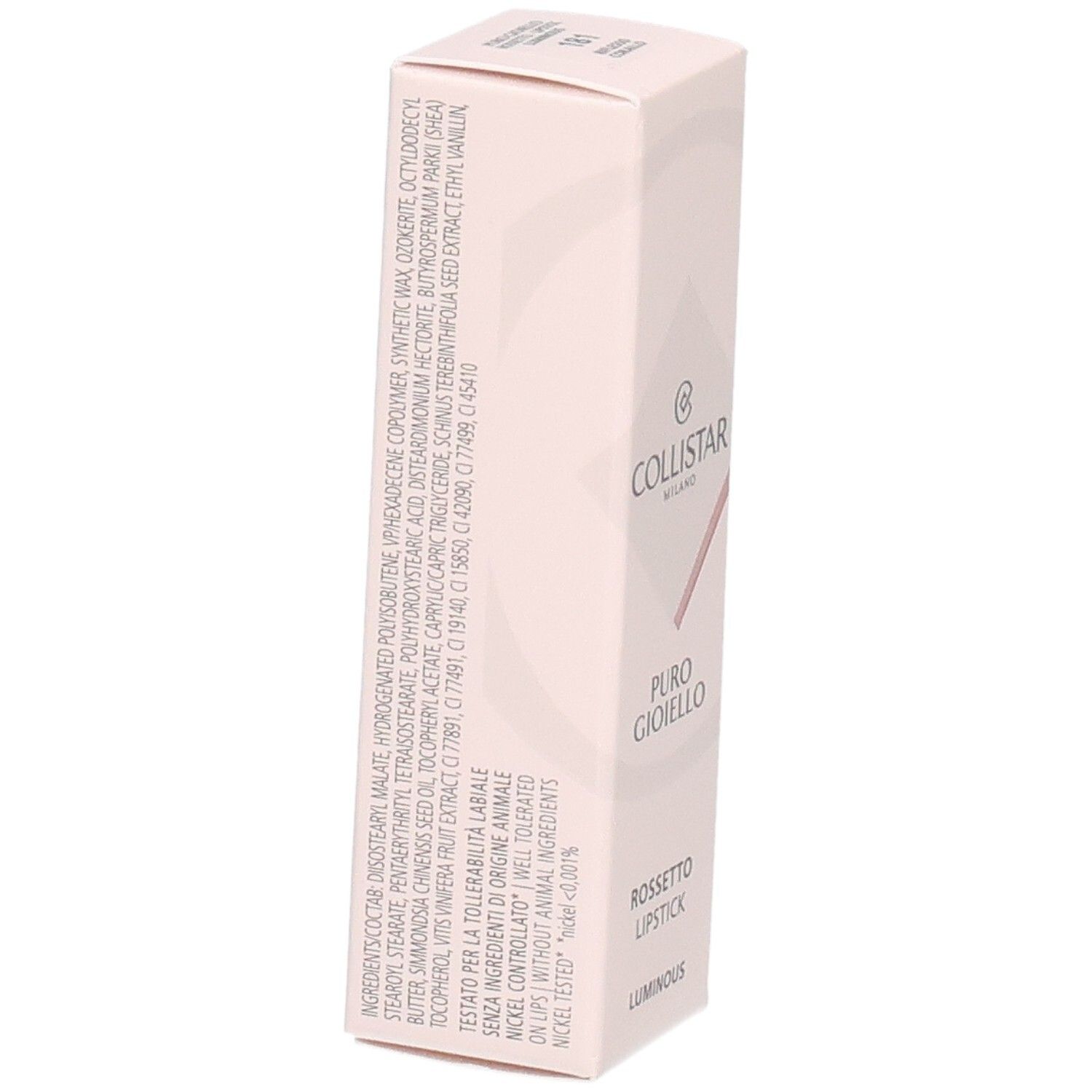 Rückseite der Collistar Lipstick-Verpackung. Inhaltsstoffe und Informationen. Rosa Karton.