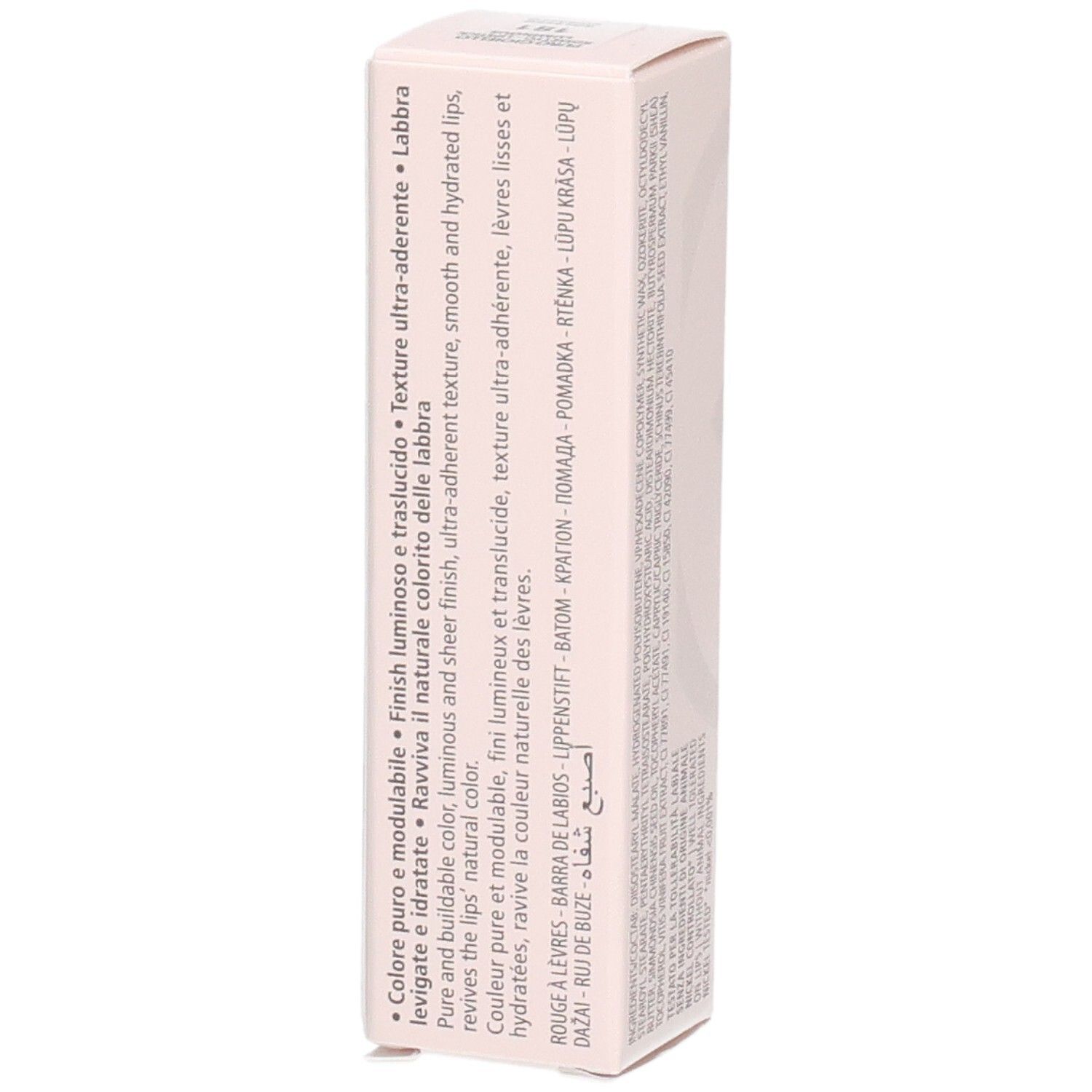 Seite der Collistar Lipstick-Verpackung. Text über die Eigenschaften. Rosa Karton.