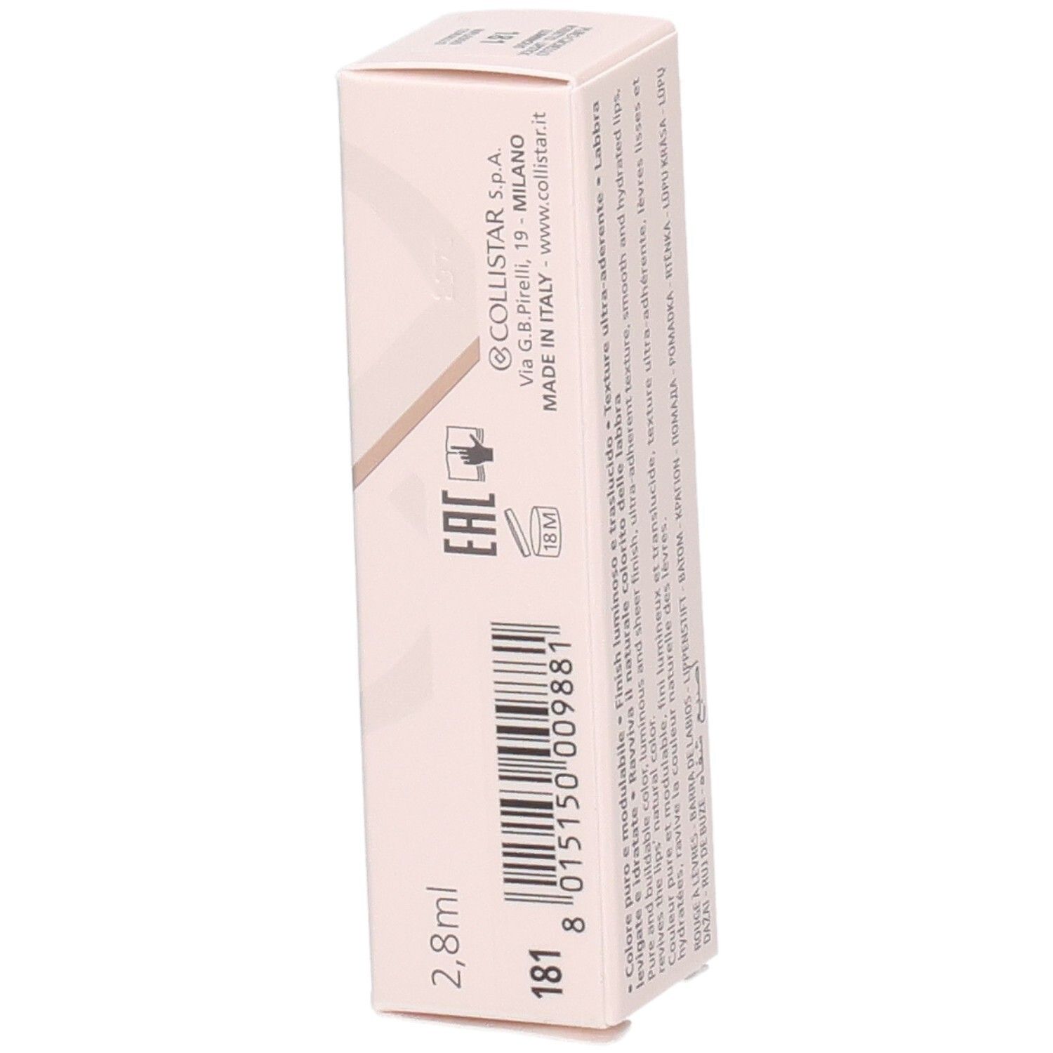 Seite der Collistar Lipstick-Verpackung. Informationen und Barcode. Rosa Karton. 2,8 ml.