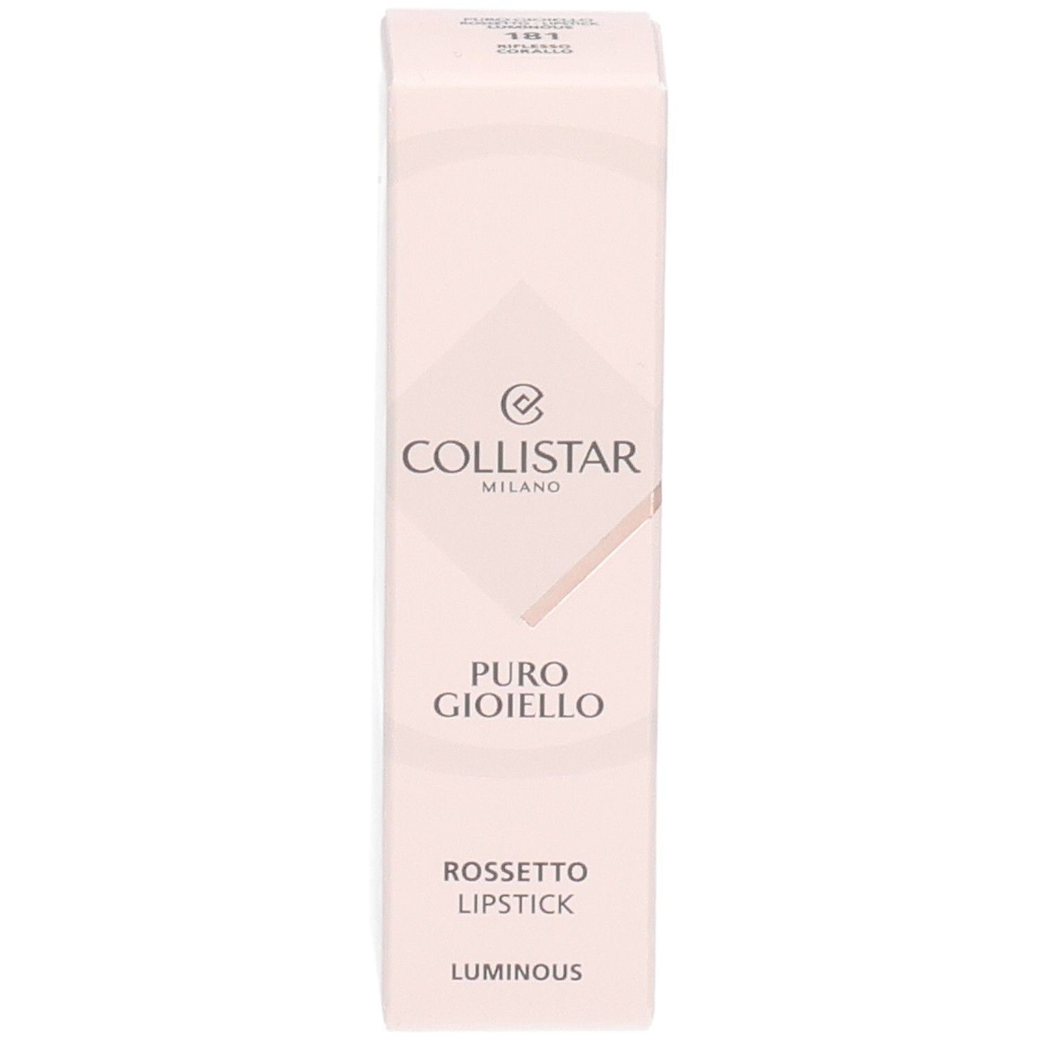 Collistar Lipstick-Verpackung. Rosa Karton mit Produktnamen und Logo. Luminous.