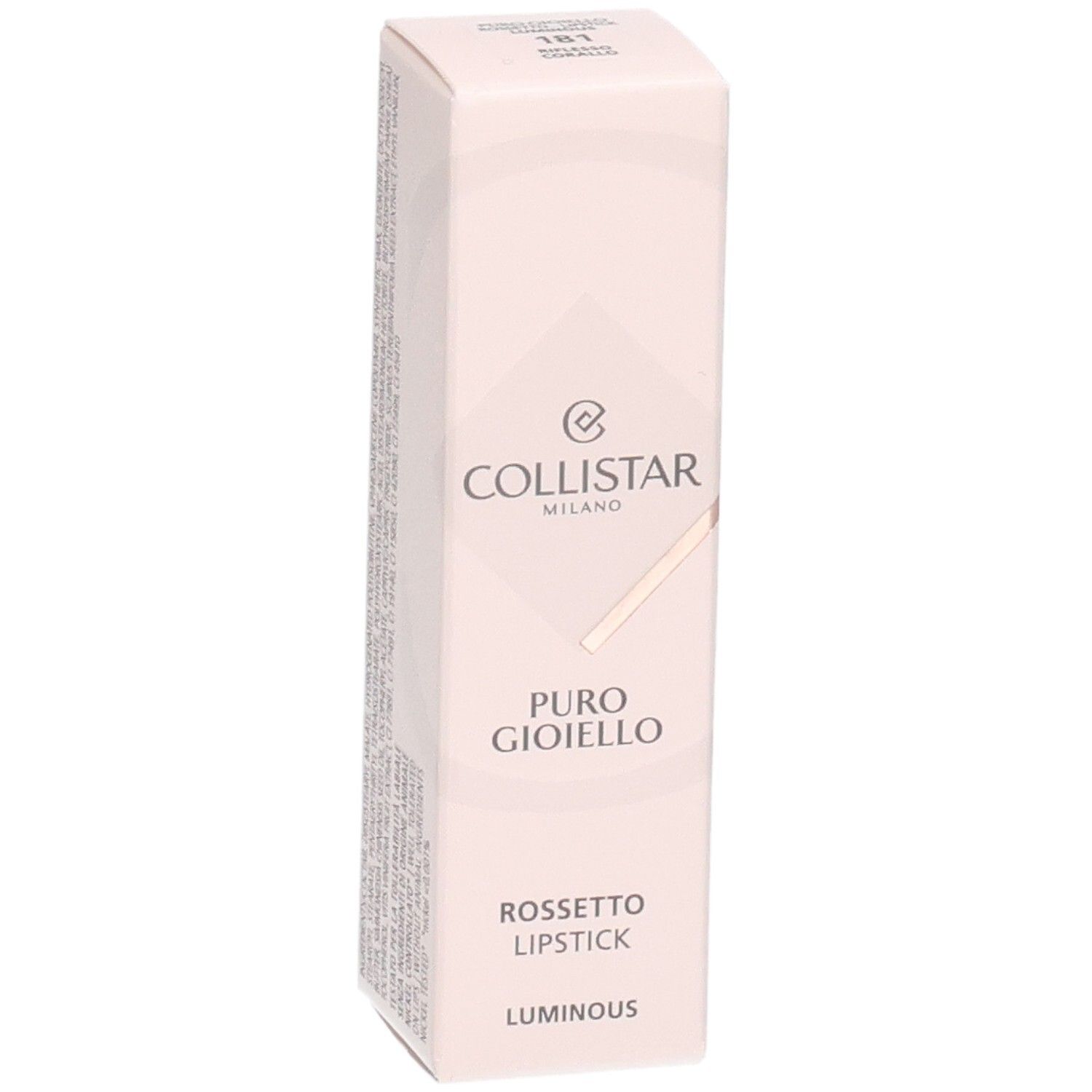 Collistar Lipstick-Verpackung. Rosa Karton mit Produktnamen und Logo. Luminous.