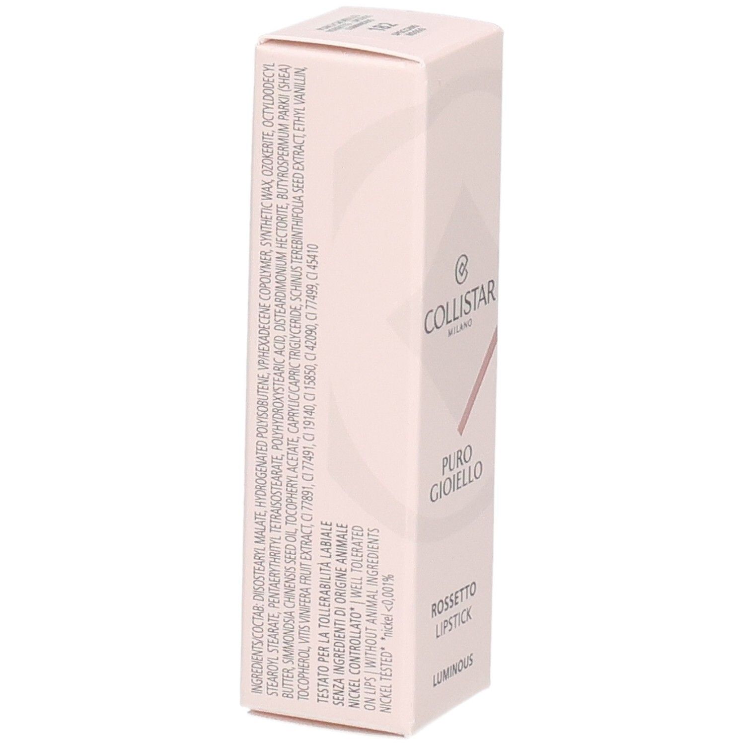 Collistar Puro Gioiello Lippenstift Verpackung mit Inhaltsstoffangaben.