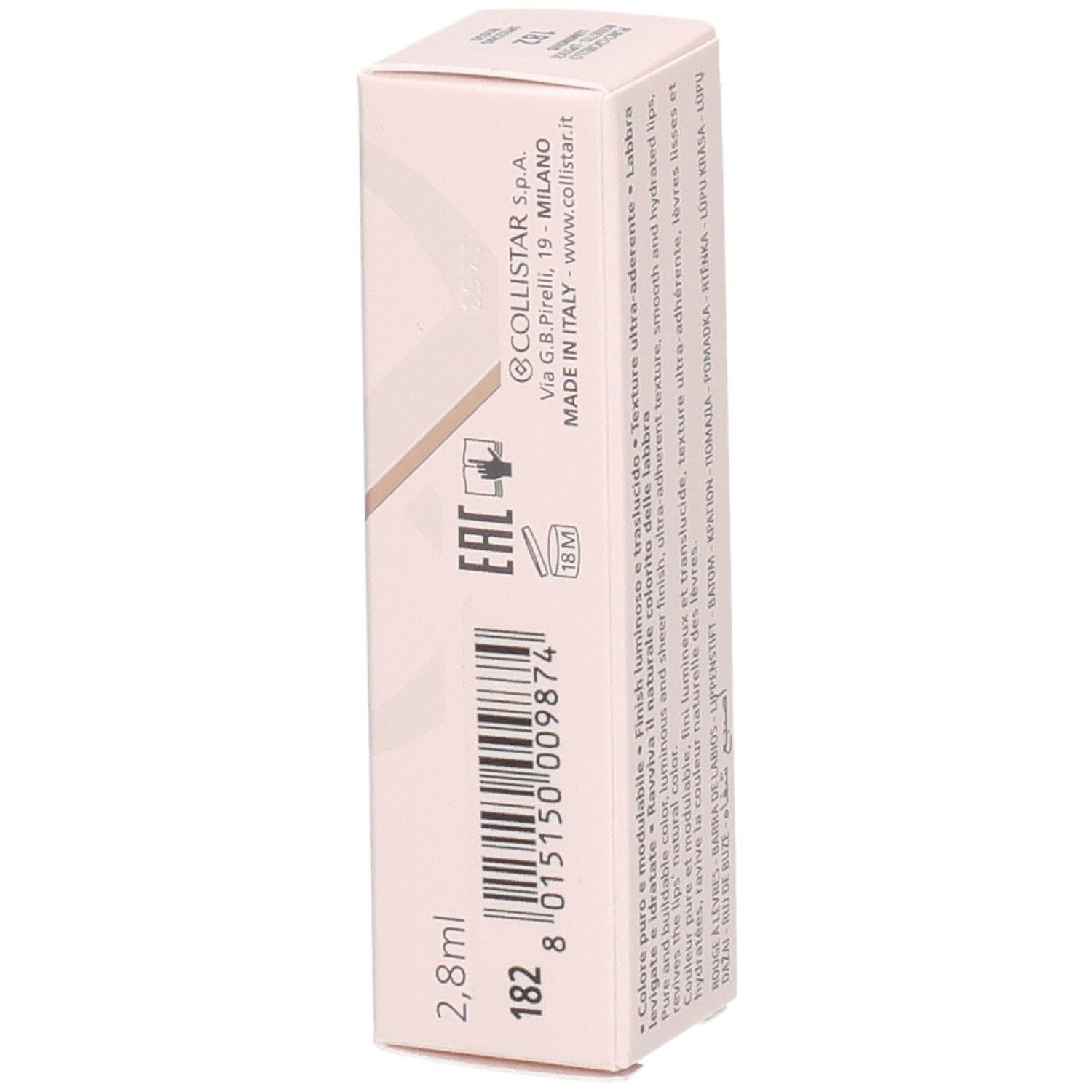 Collistar Puro Gioiello Lippenstift Verpackung mit Barcode und EAC-Siegel.