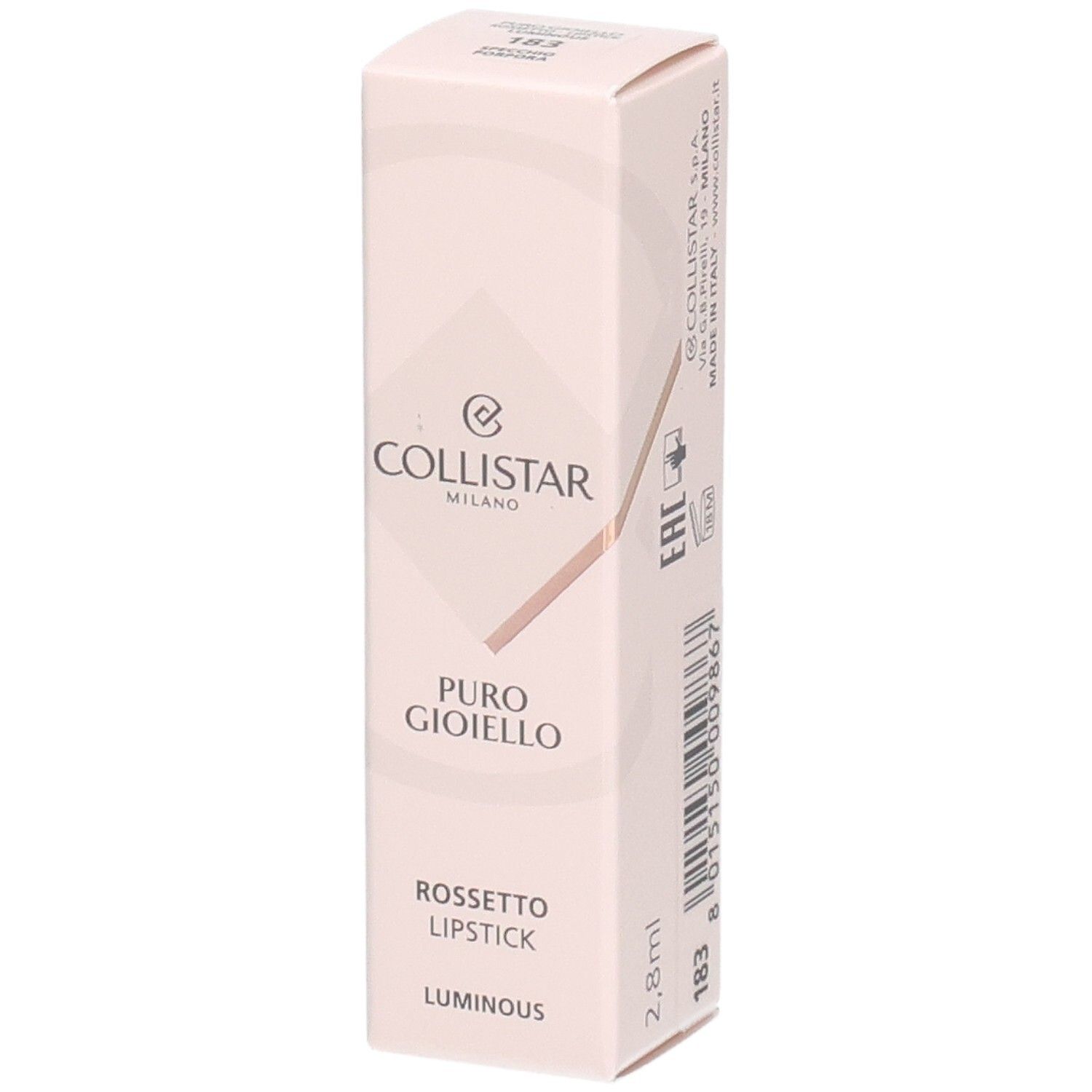 Rosafarbene Verpackung. Collistar Milano, Puro Gioiello Lipstick, Luminous. 2,8 ml. Produktinformationen.