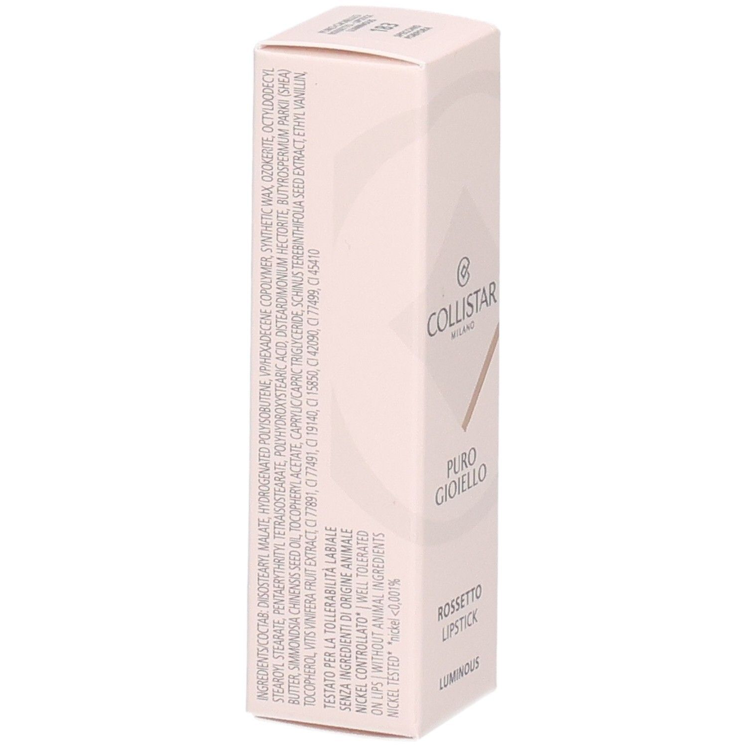 Rosafarbene Verpackung. Collistar Milano, Puro Gioiello Lipstick, Luminous. Inhaltsstoffe und Informationen.